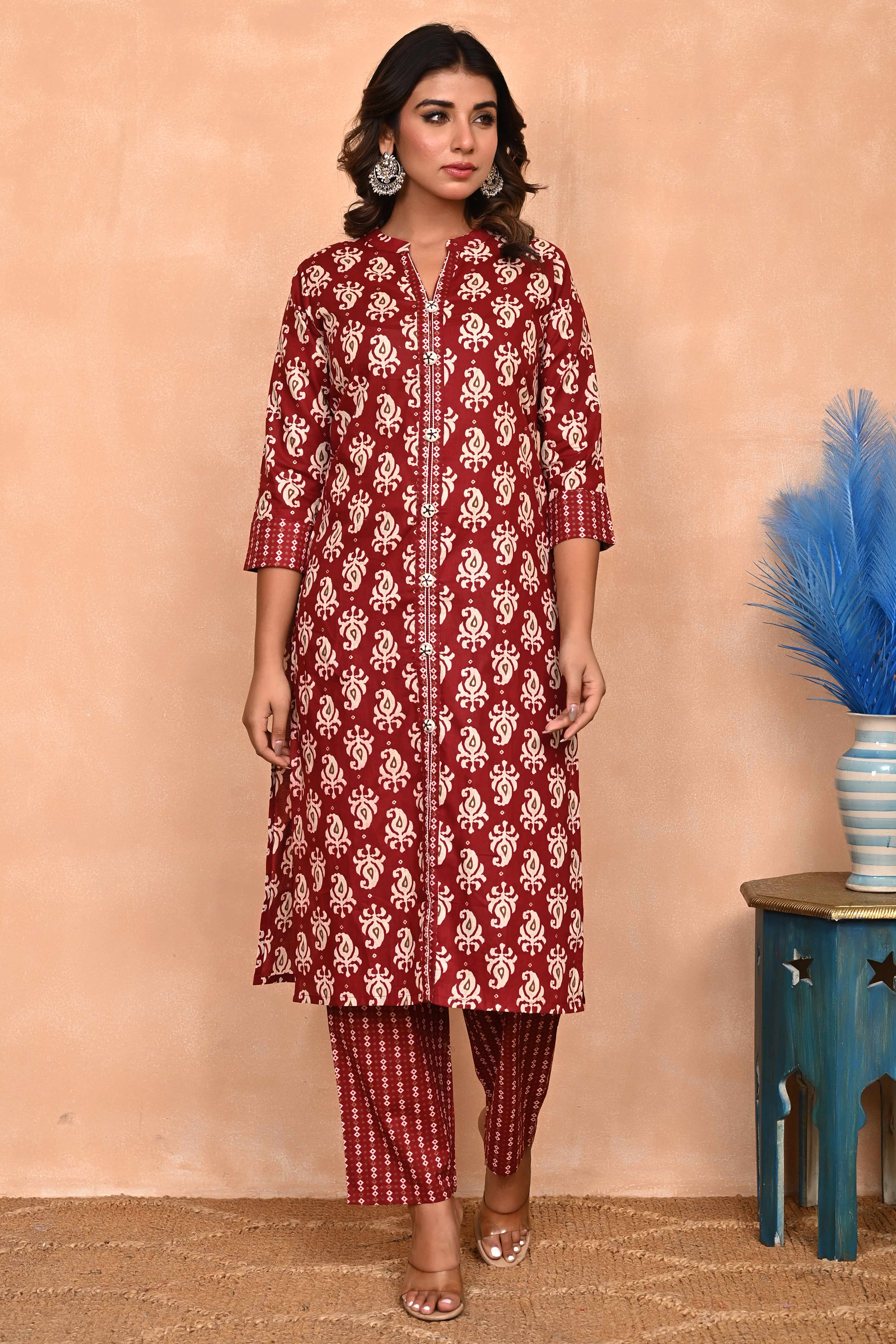 Maroon Floral Printed Salwar Suit in Pure Cotton with Modern Front Slit Styling