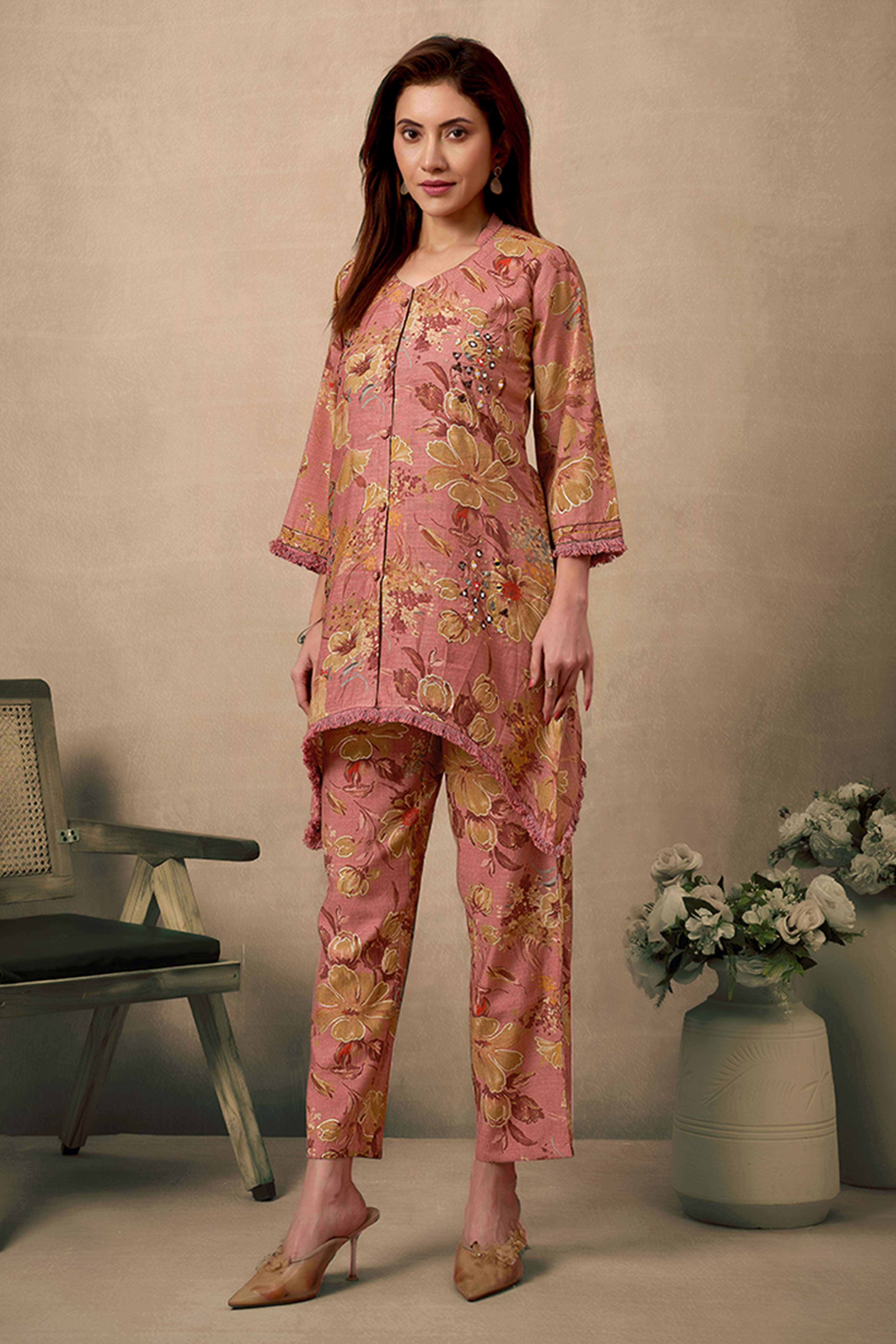 Dark Mauve Pure Cotton Floral Co-Ord Set with Handcrafted Mirror Work