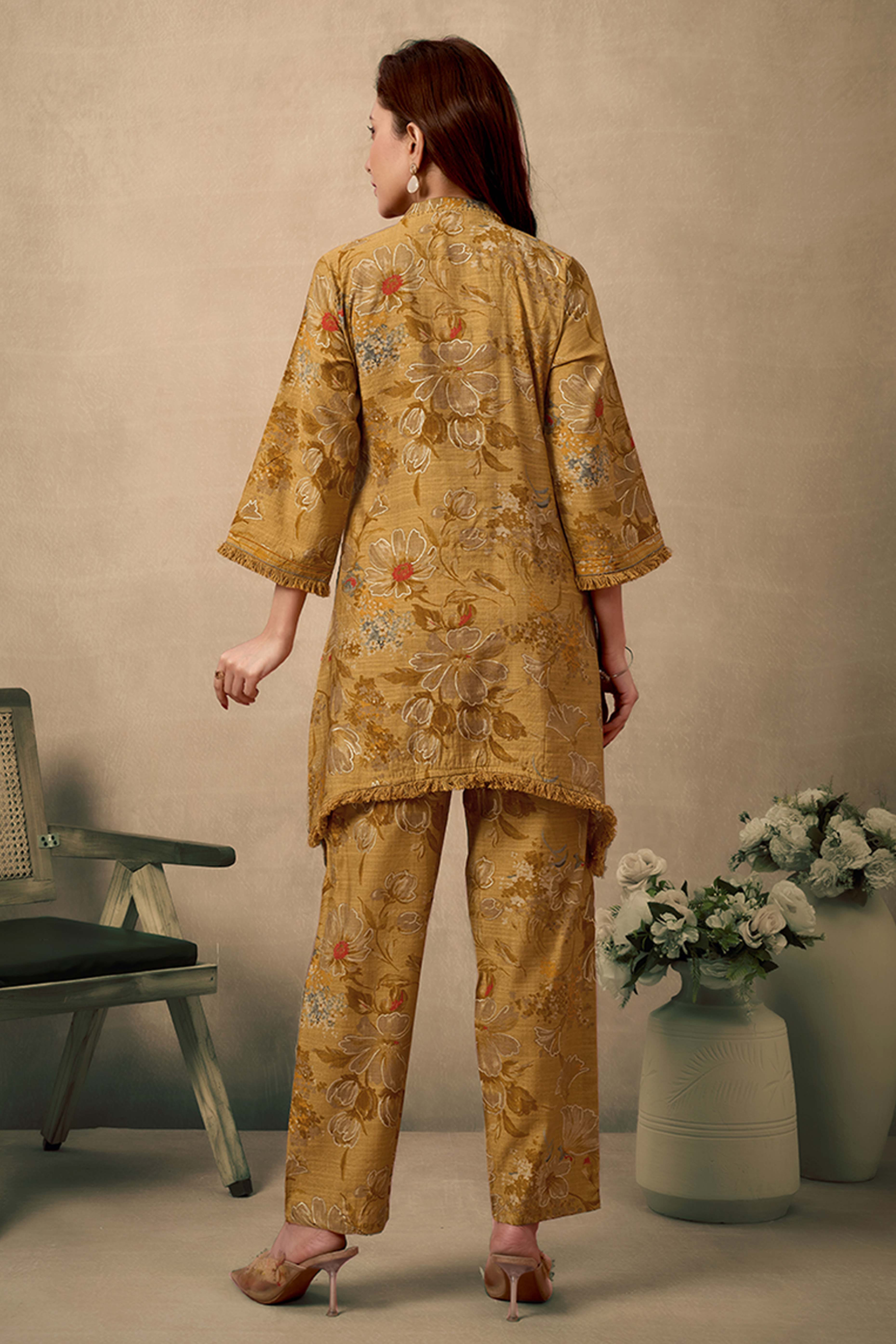 Mustard Pure Cotton Floral Co-Ord Set with Handcrafted Mirror Work