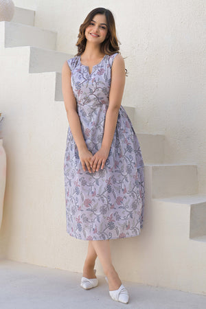 Light Grey Cotton A-Line Dress with Hand Embroidered Florals