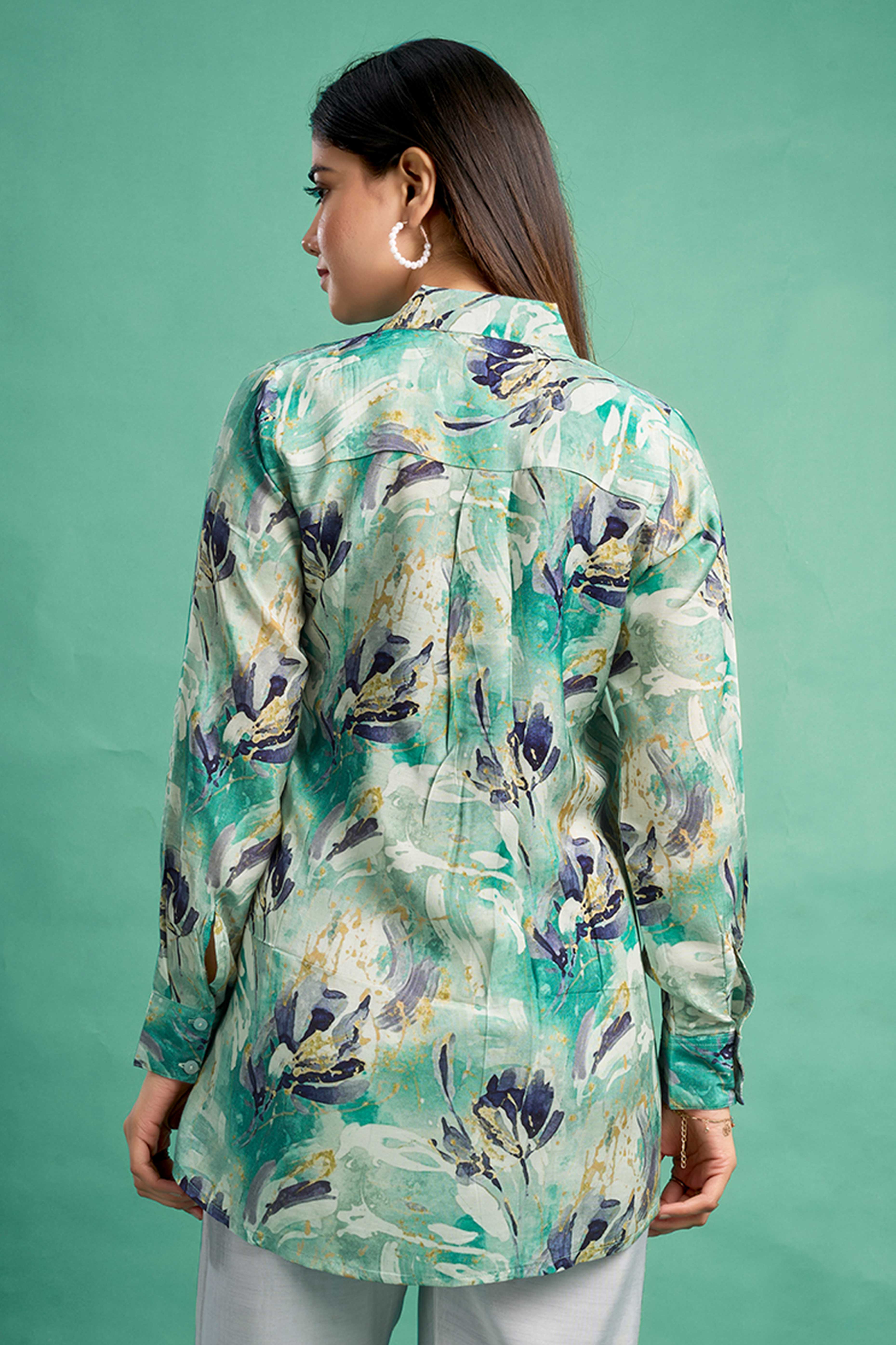 Sea Green Floral Printed Muslin Straight Top