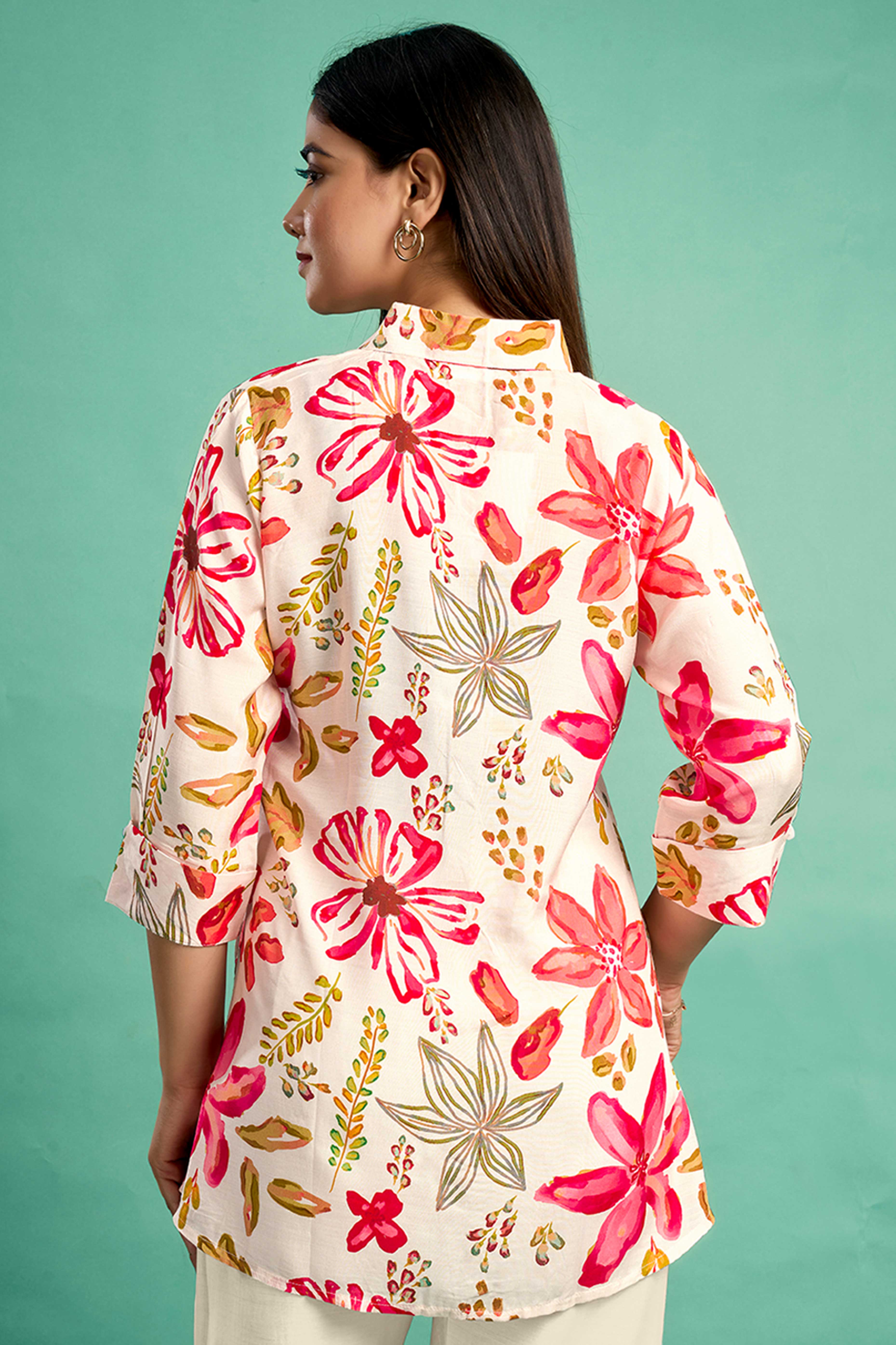 Cream & Pink Floral Printed Muslin Straight Top