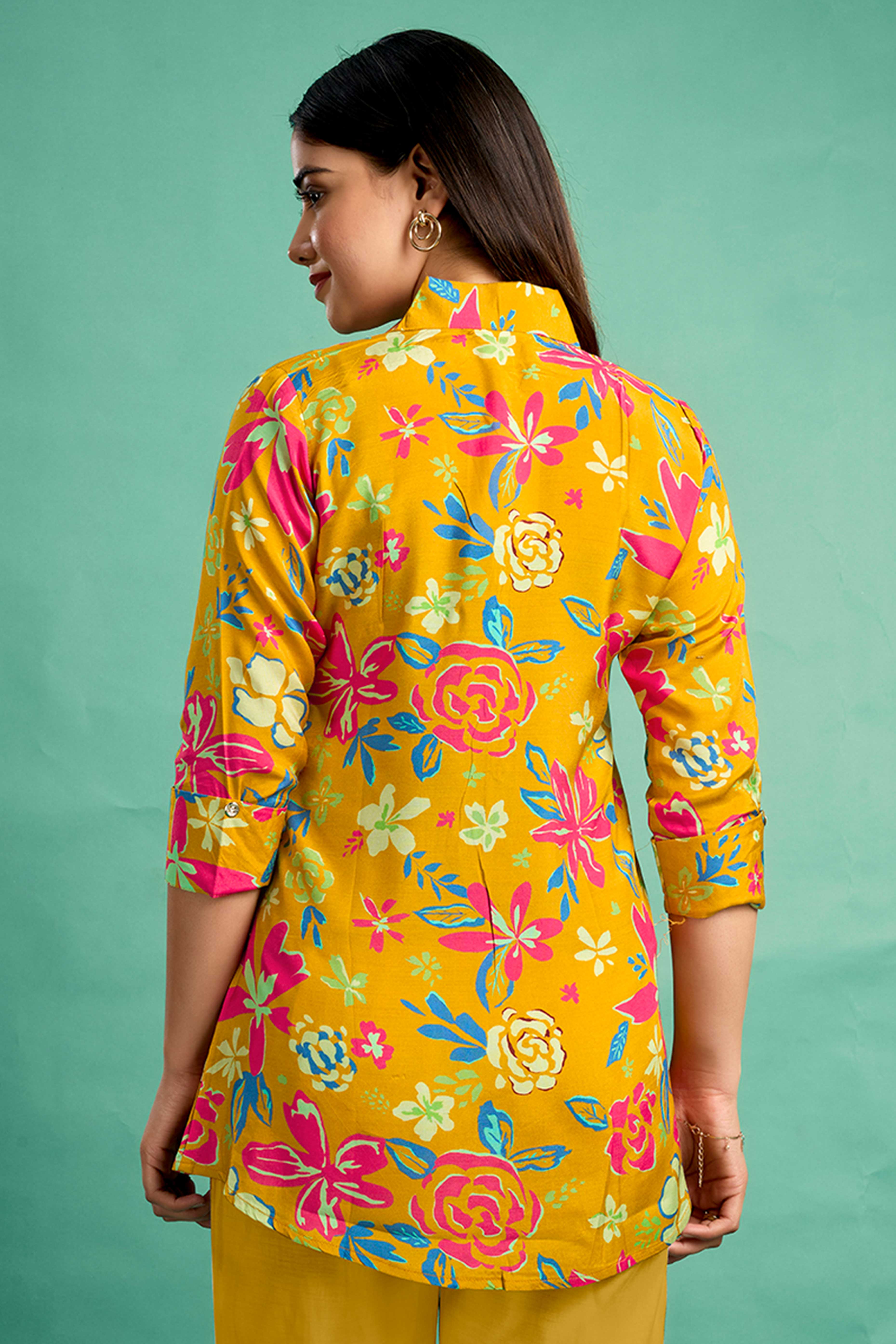 Brown Floral Printed Muslin Straight Top