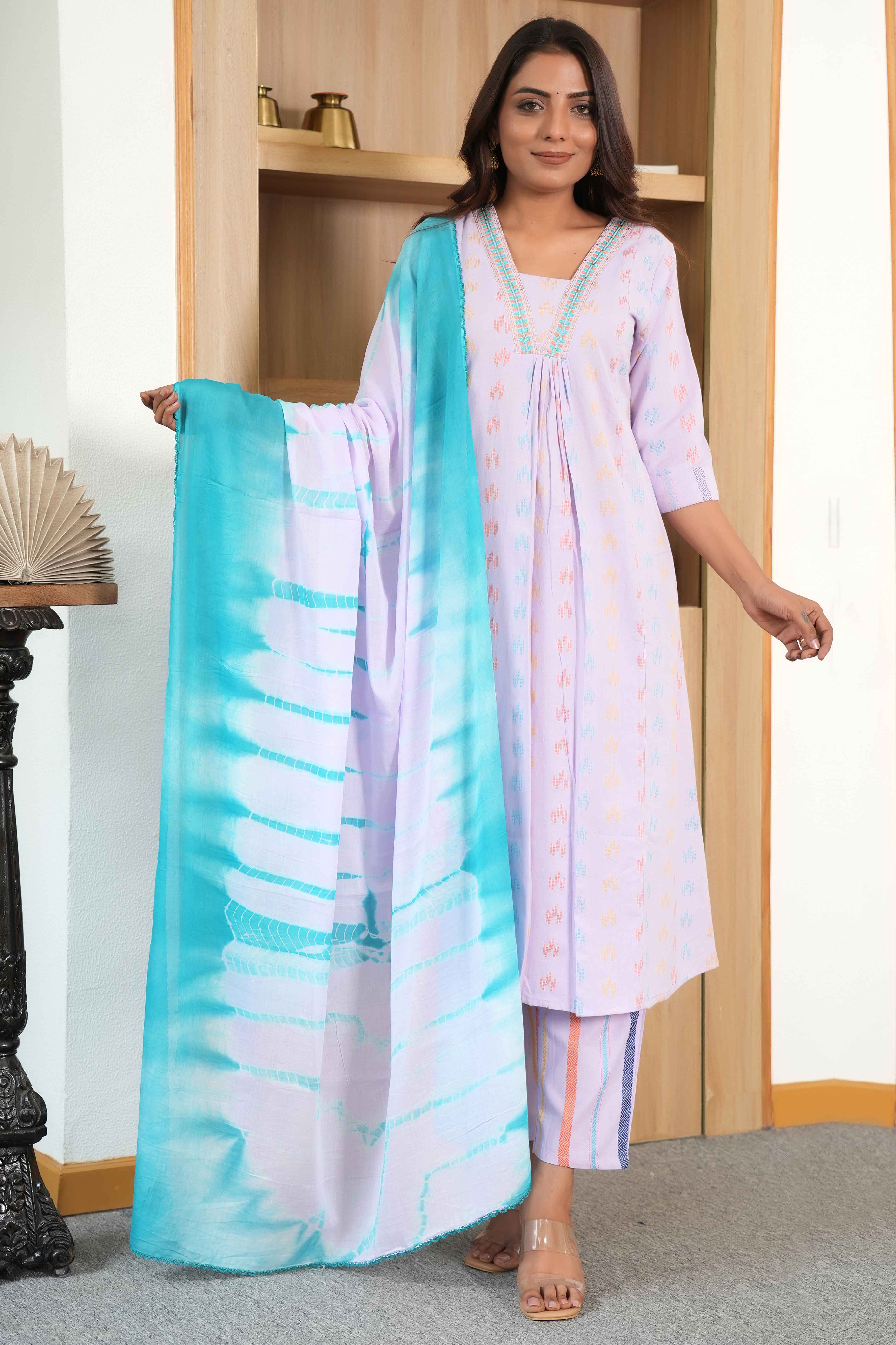 Lavender Textured Weave Pure Cotton Kurta Set – A-Line Style