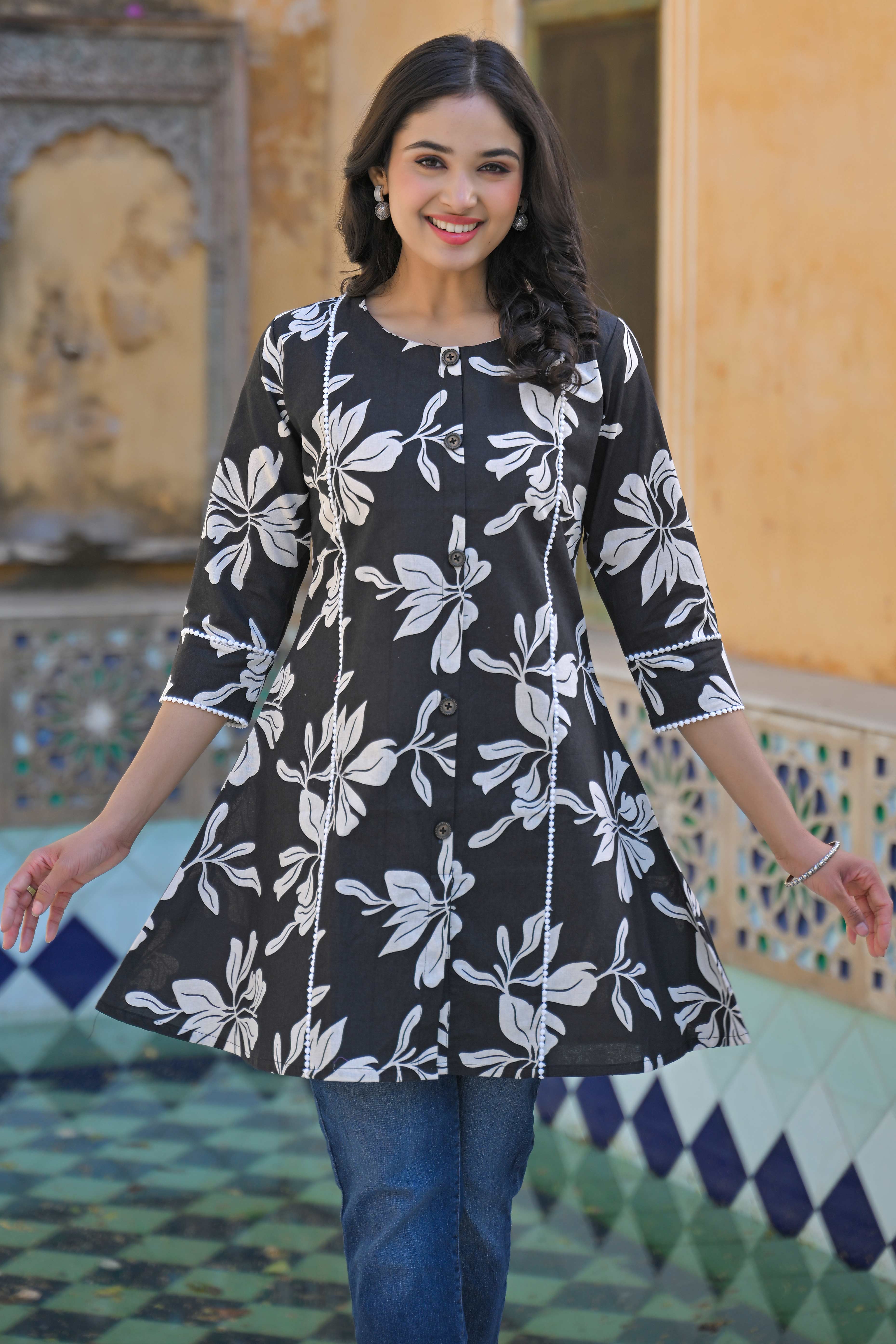 Black Floral Printed Pure Cotton A-Line Top