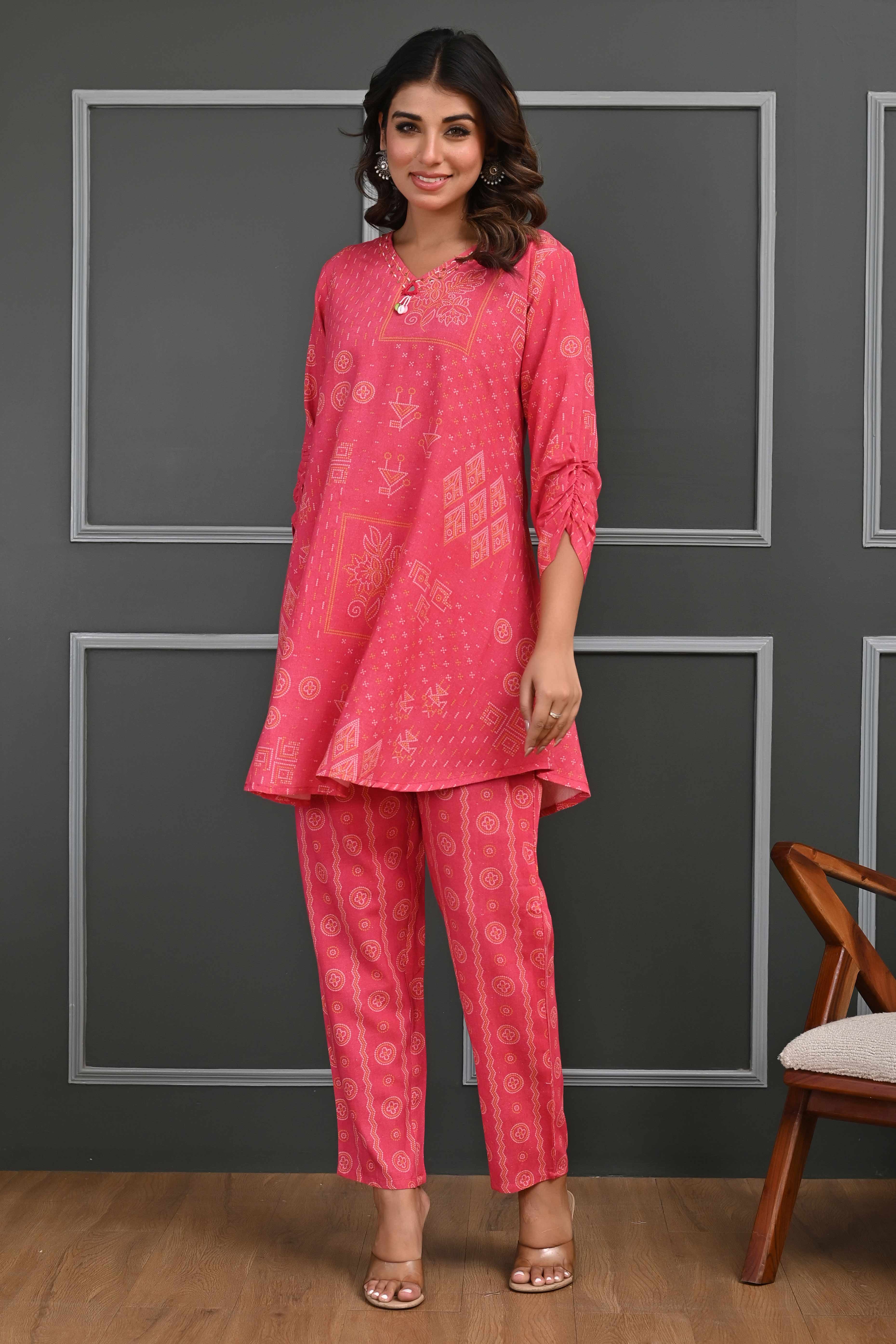 Festive-Ready Rani Pink Bandhani Printed Cotton Flex Straight Fit Co-Ord Set