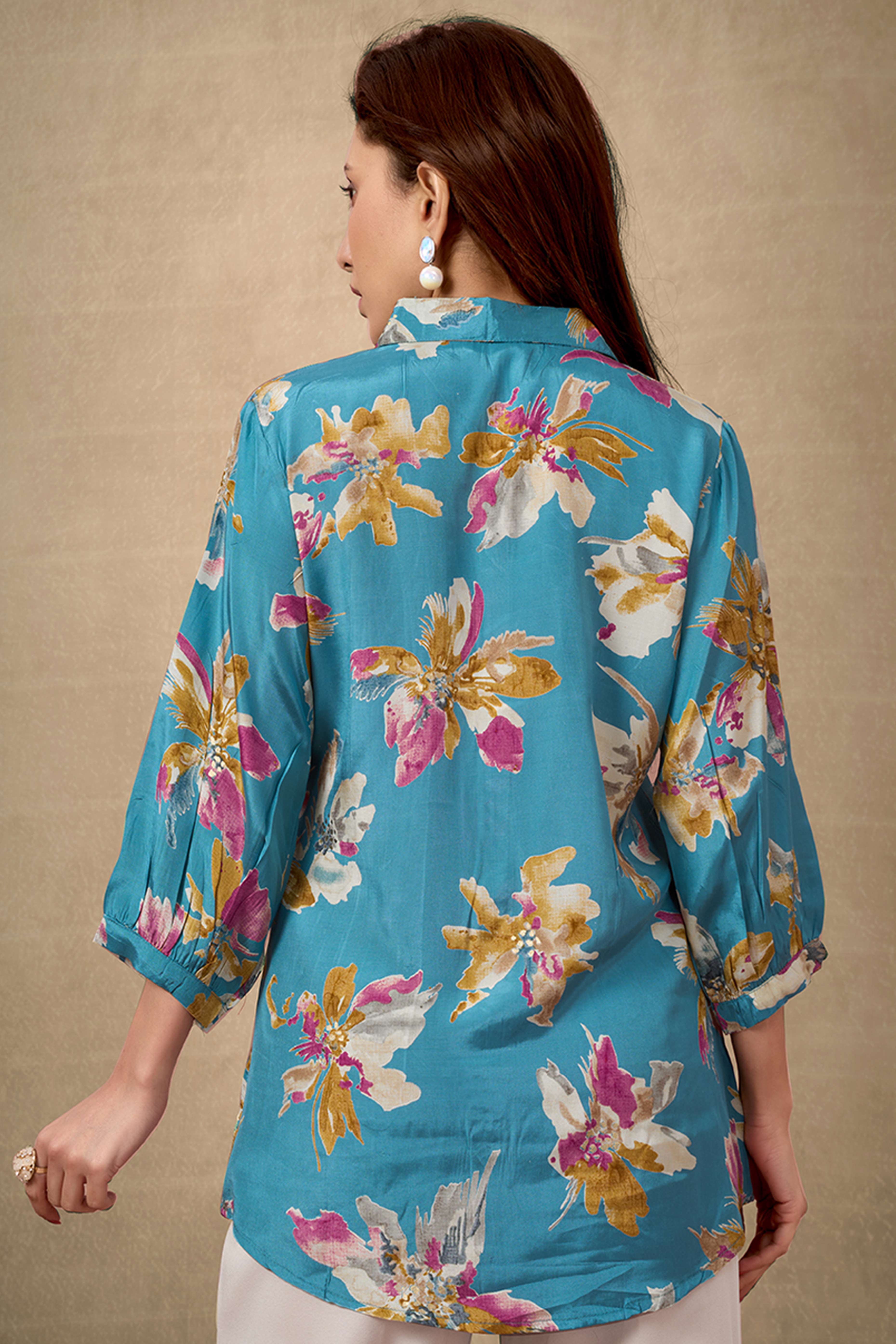 Turquoise Collar Neck Top in Lightweight Muslin with Delicate Floral Prints
