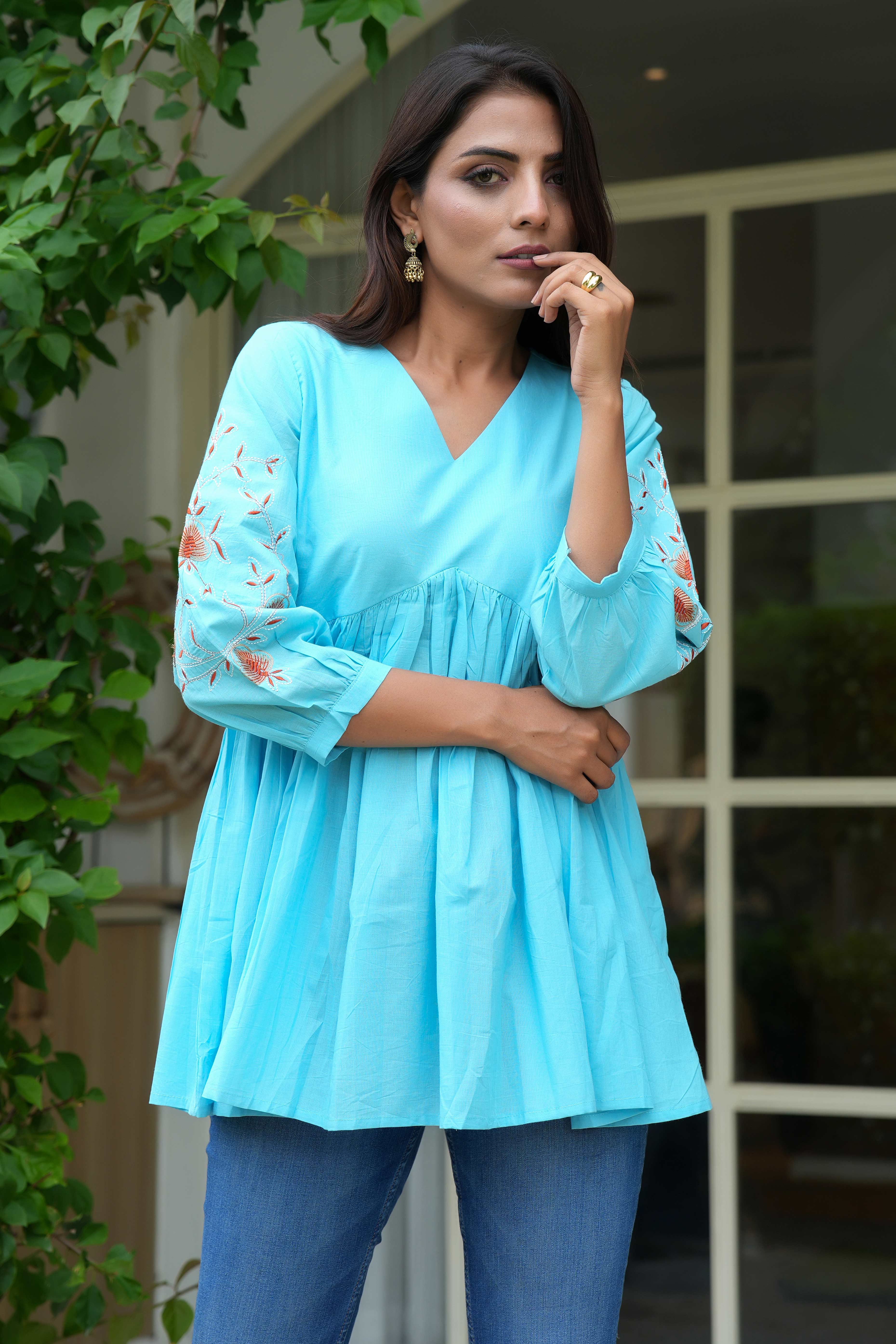 Breezy Sky Blue Pure Cotton Alia Cut Short Top With Intricate Floral Embroidery