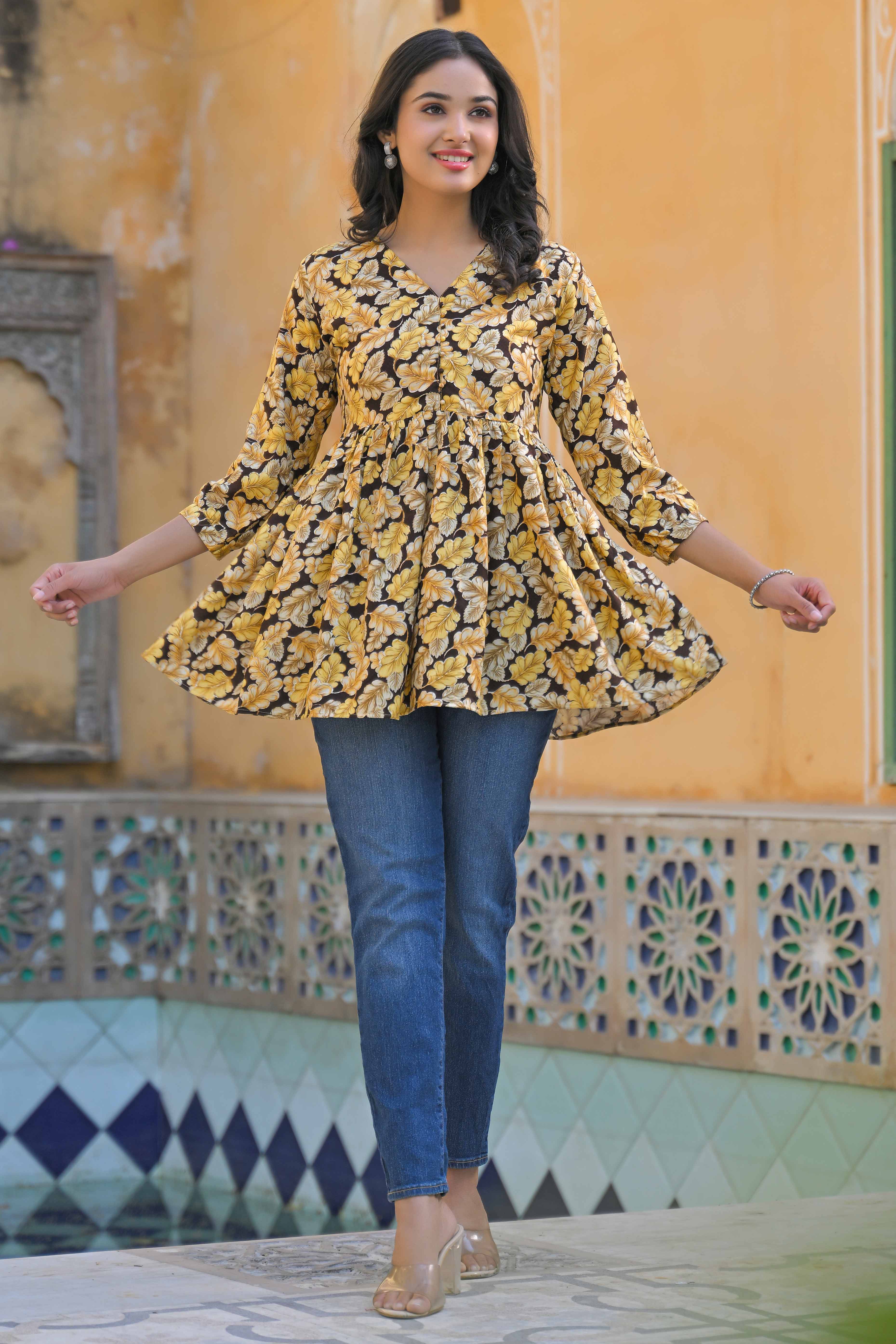 Brown Floral Printed Rayon A-Line Top