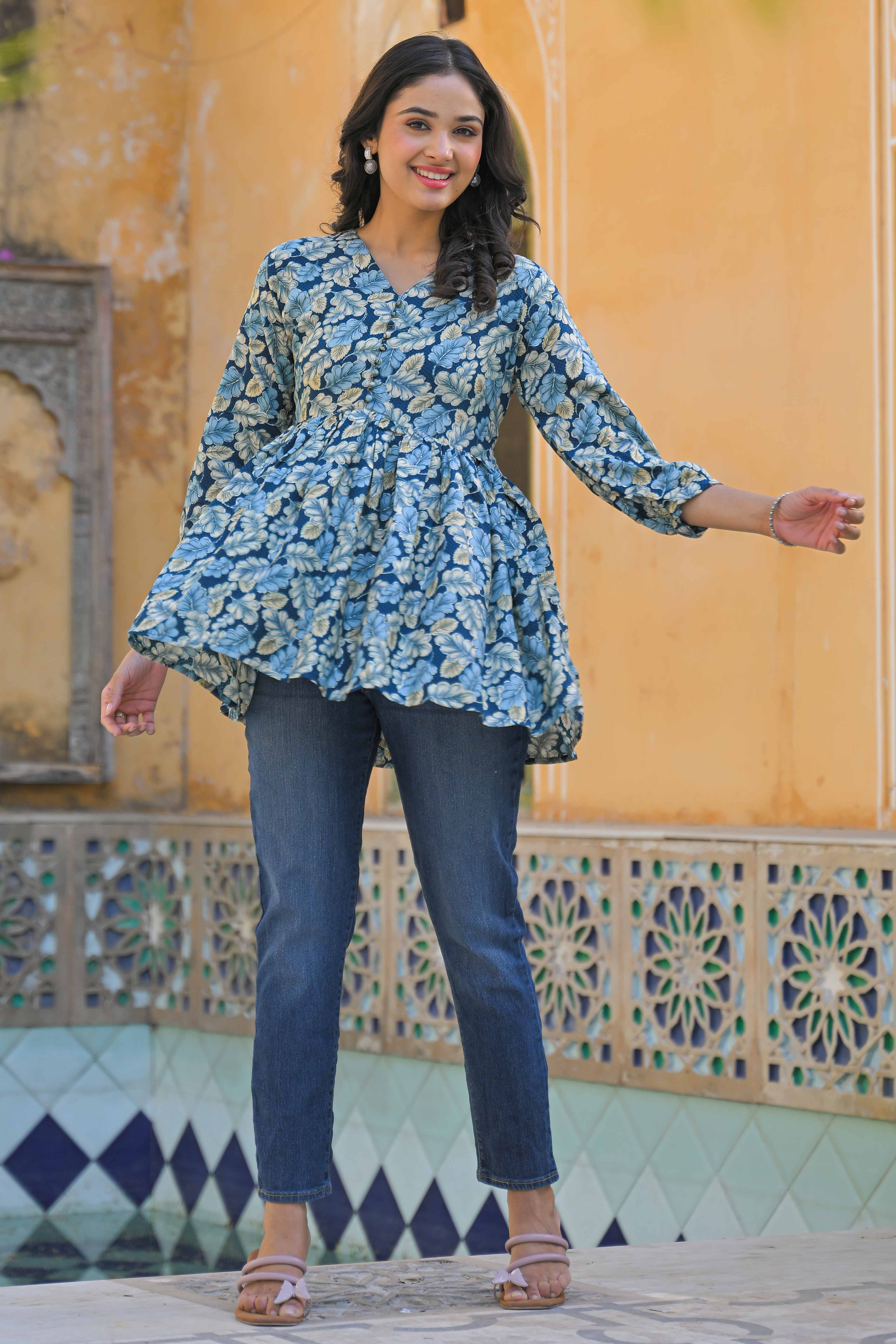 Turquoise Floral Printed Rayon A-Line Top