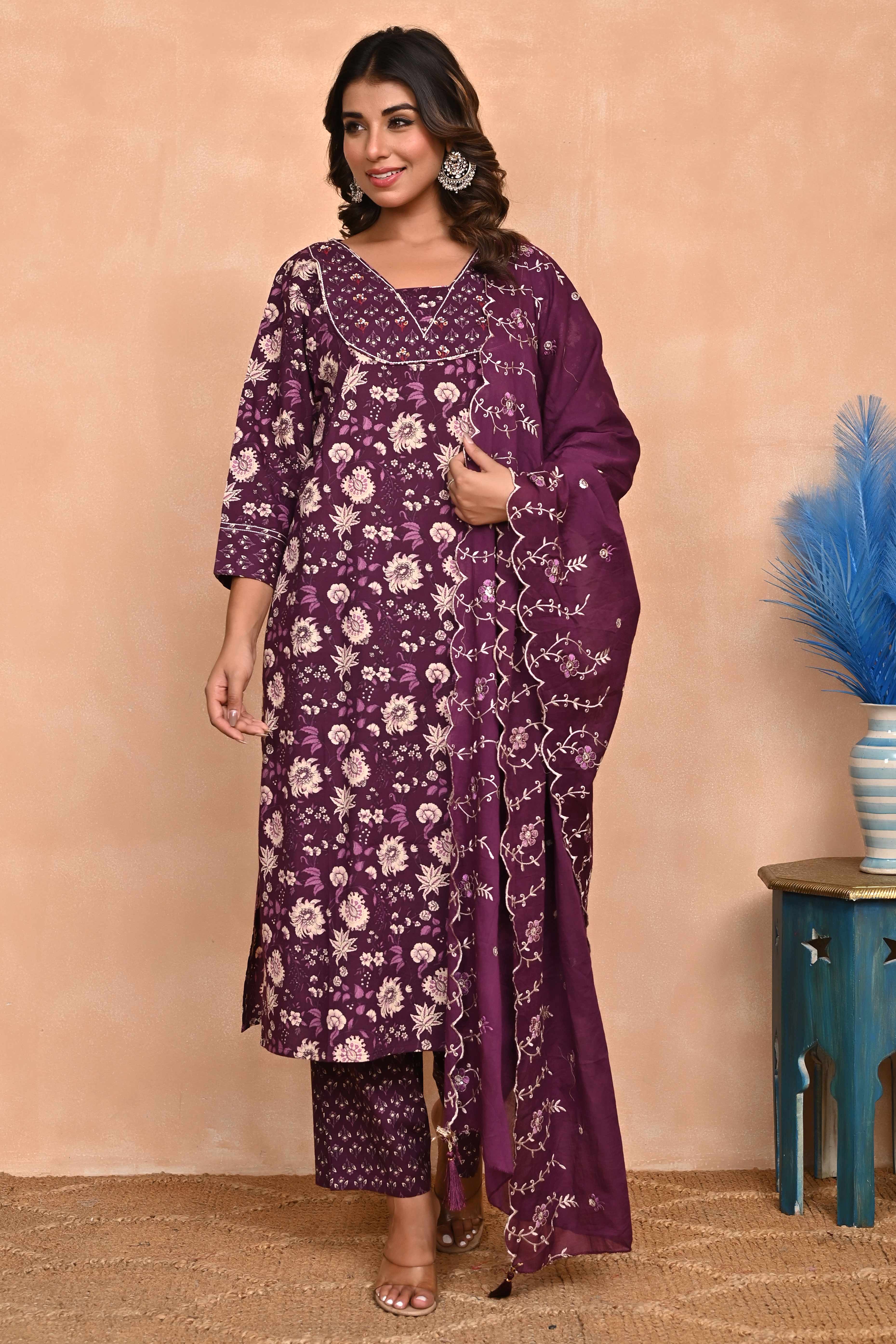 Elegant Wine Floral Printed Salwar Suit With Intricate Sequin Embellishment On Pure Cotton