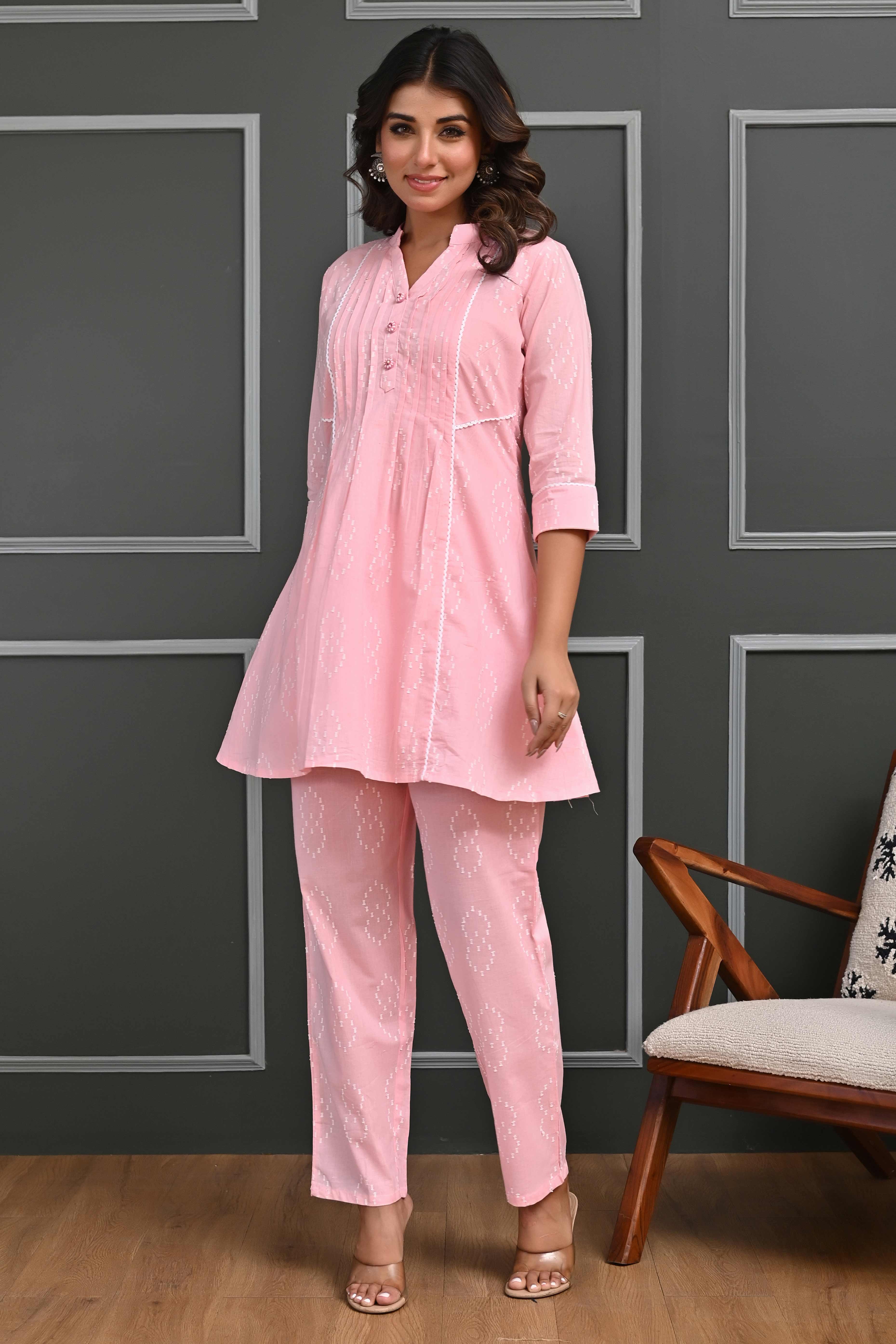 Light Pink A-Line Co-Ord Set In Pure Cotton with Delicate Sequin & Thread Embroidery