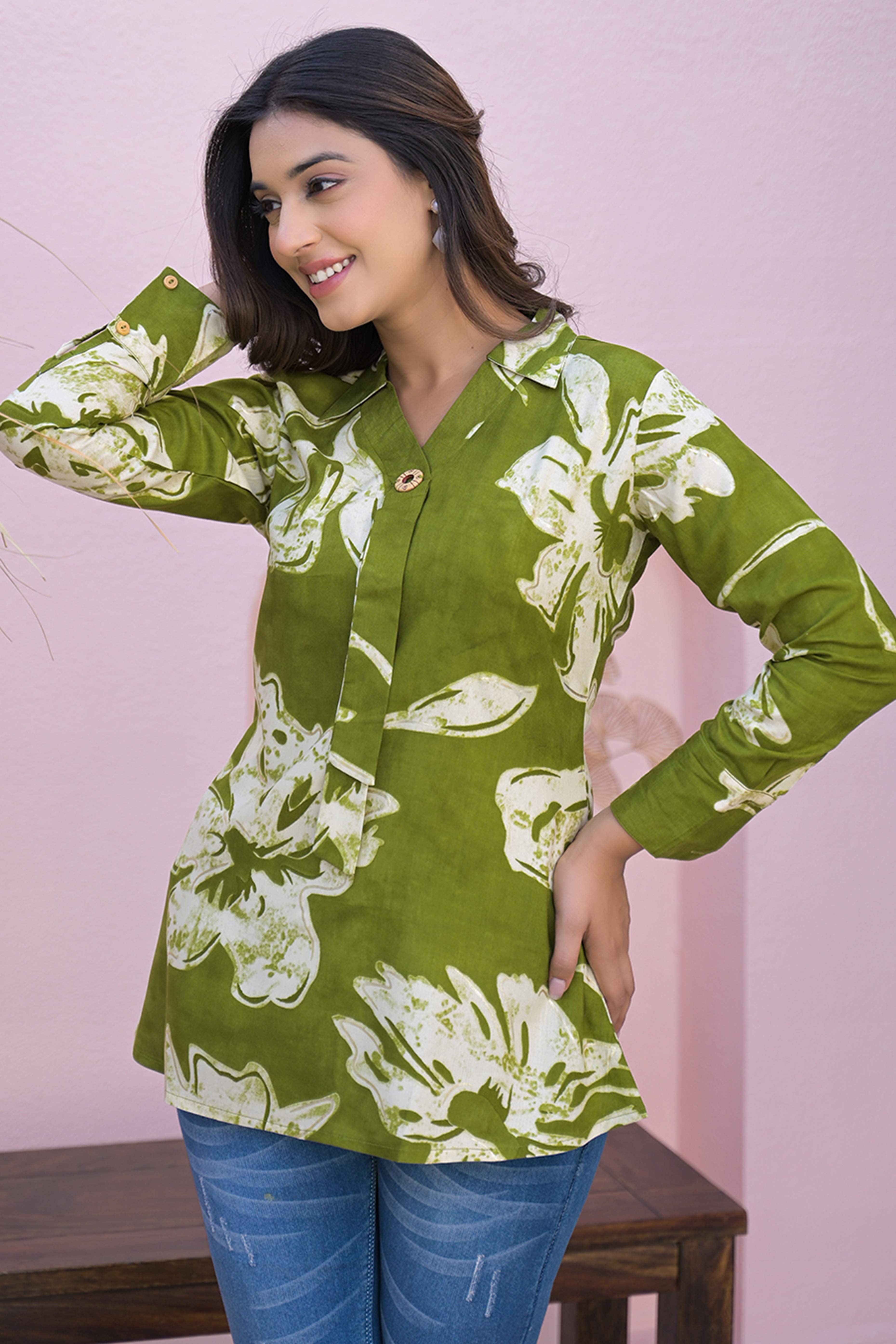 Graceful Green Rayon Straight Top With A Charming Floral Print