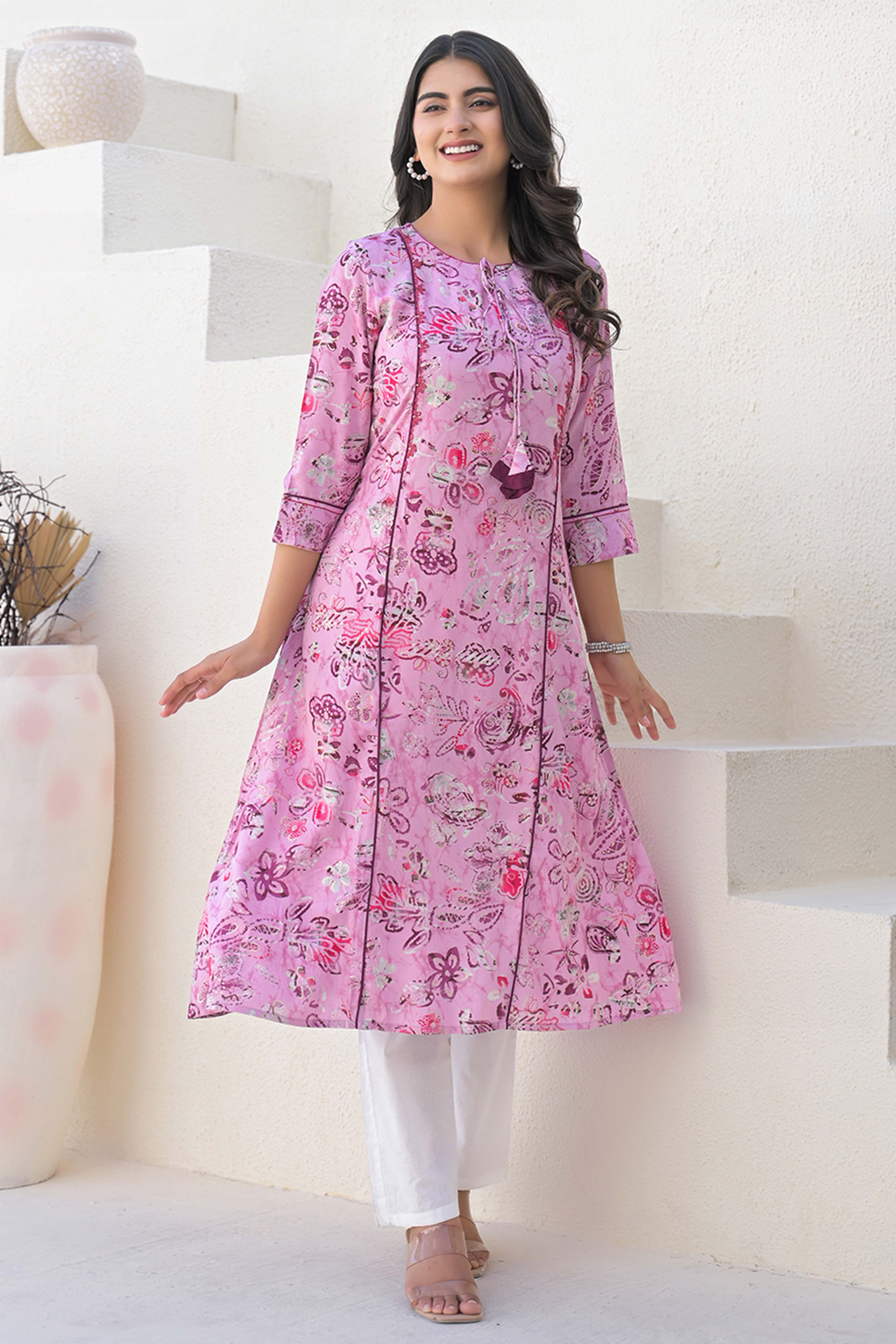 Light Purple Floral Printed Rayon A-Line Cut Kurti
