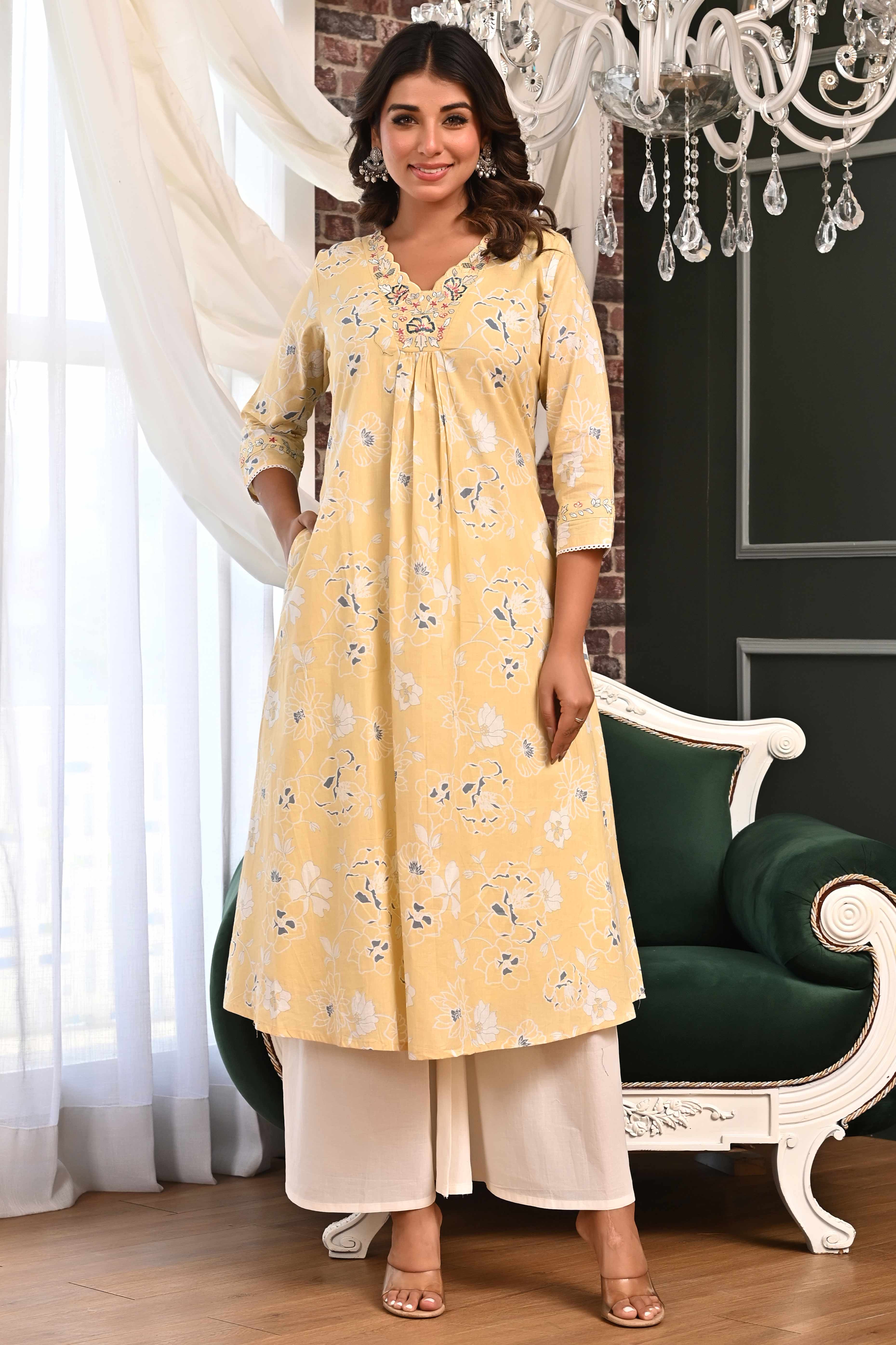 Powder Yellow Floral Printed A-Line Salwar Suit in Lightweight Pure Cotton Fabric