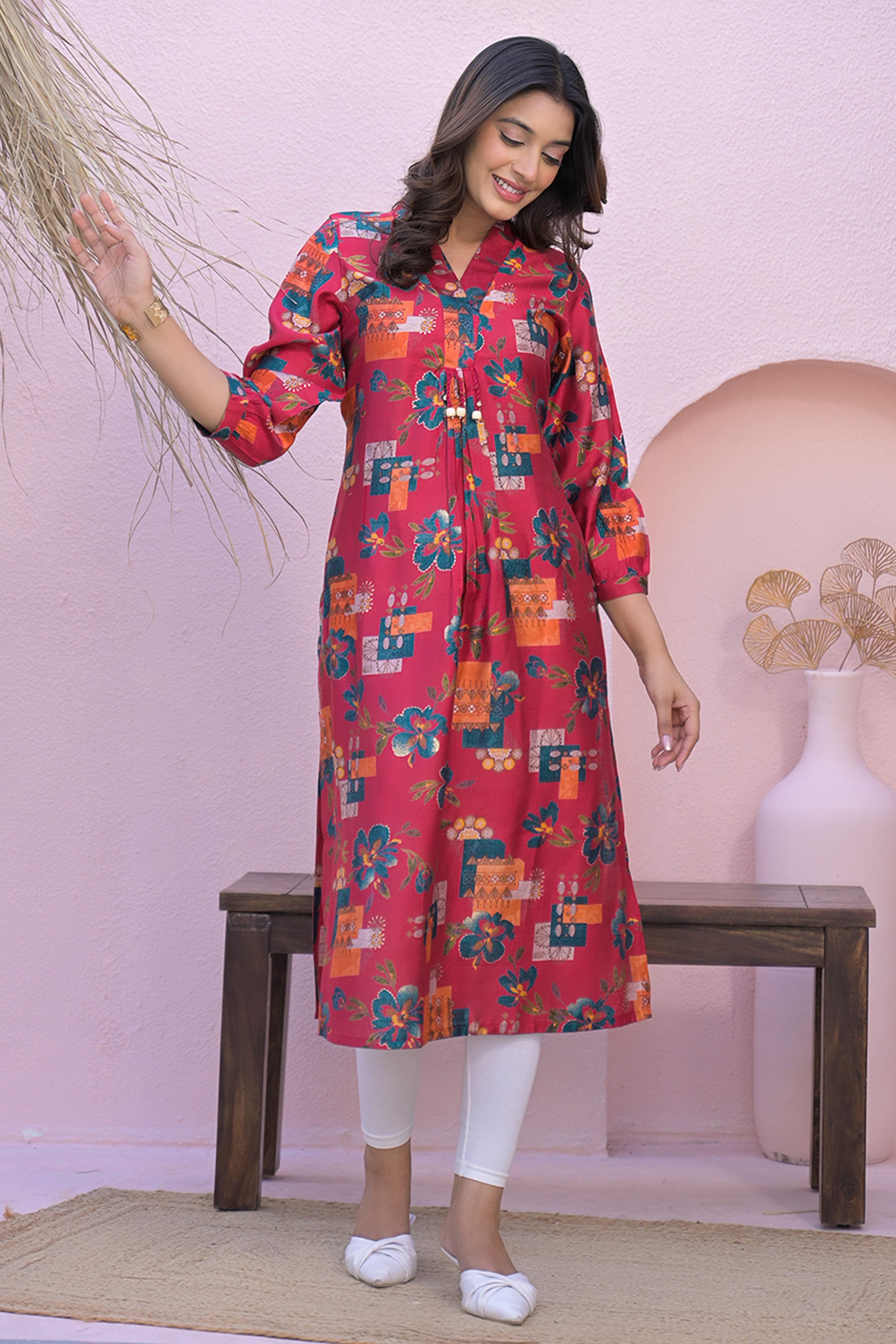 Pink A-Line Kurti in Soft Viscose with Floral Design