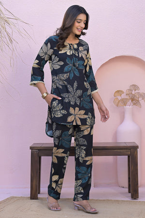 Black Floral Printed Rayon Short Top And Bottom Pant