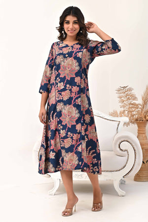 Navy Blue Chanderi Silk Kurti Dress with Artistic Floral Prints