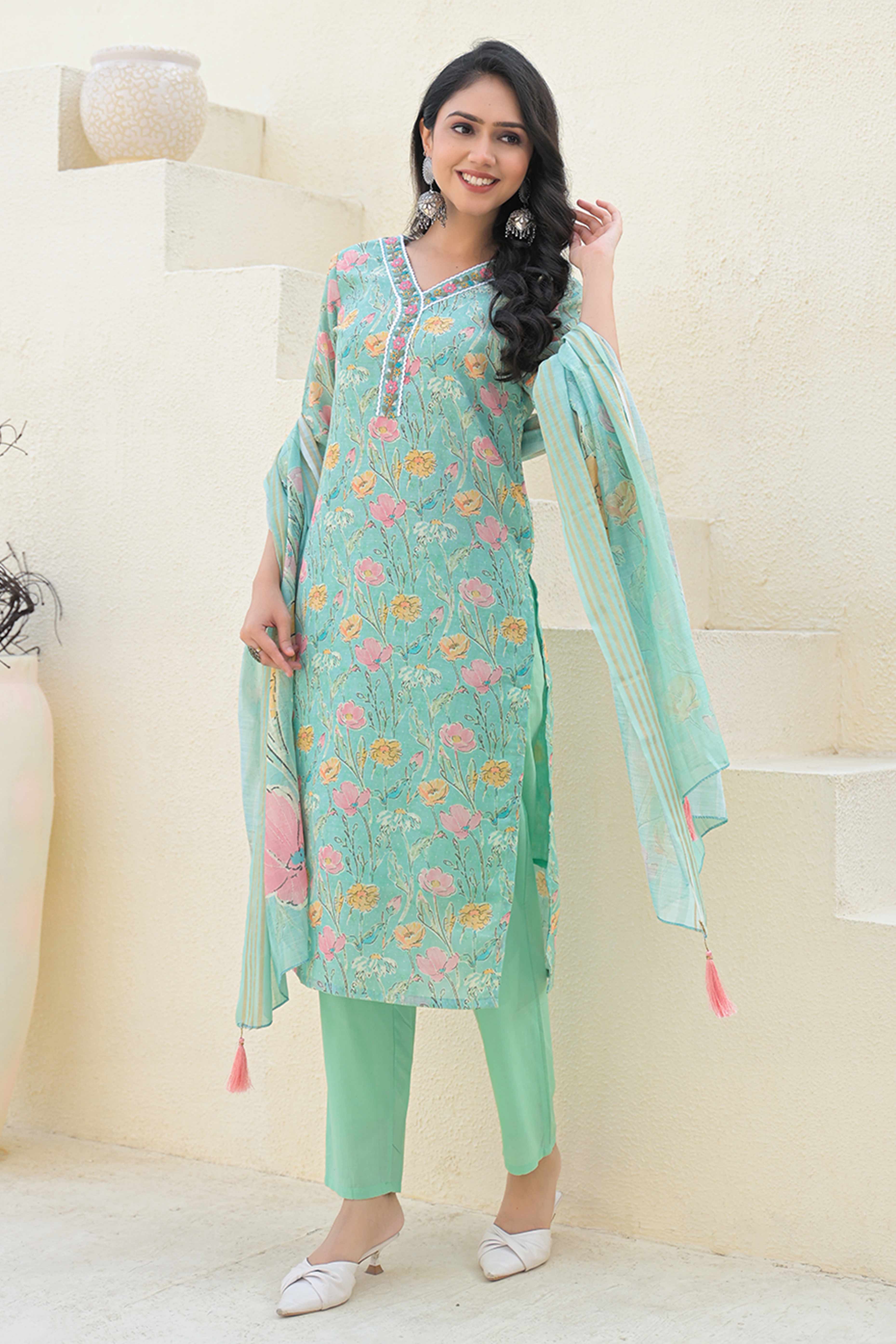 Sea Green Linen Straight Suit Featuring Printed Florals & Delicate Embroidery