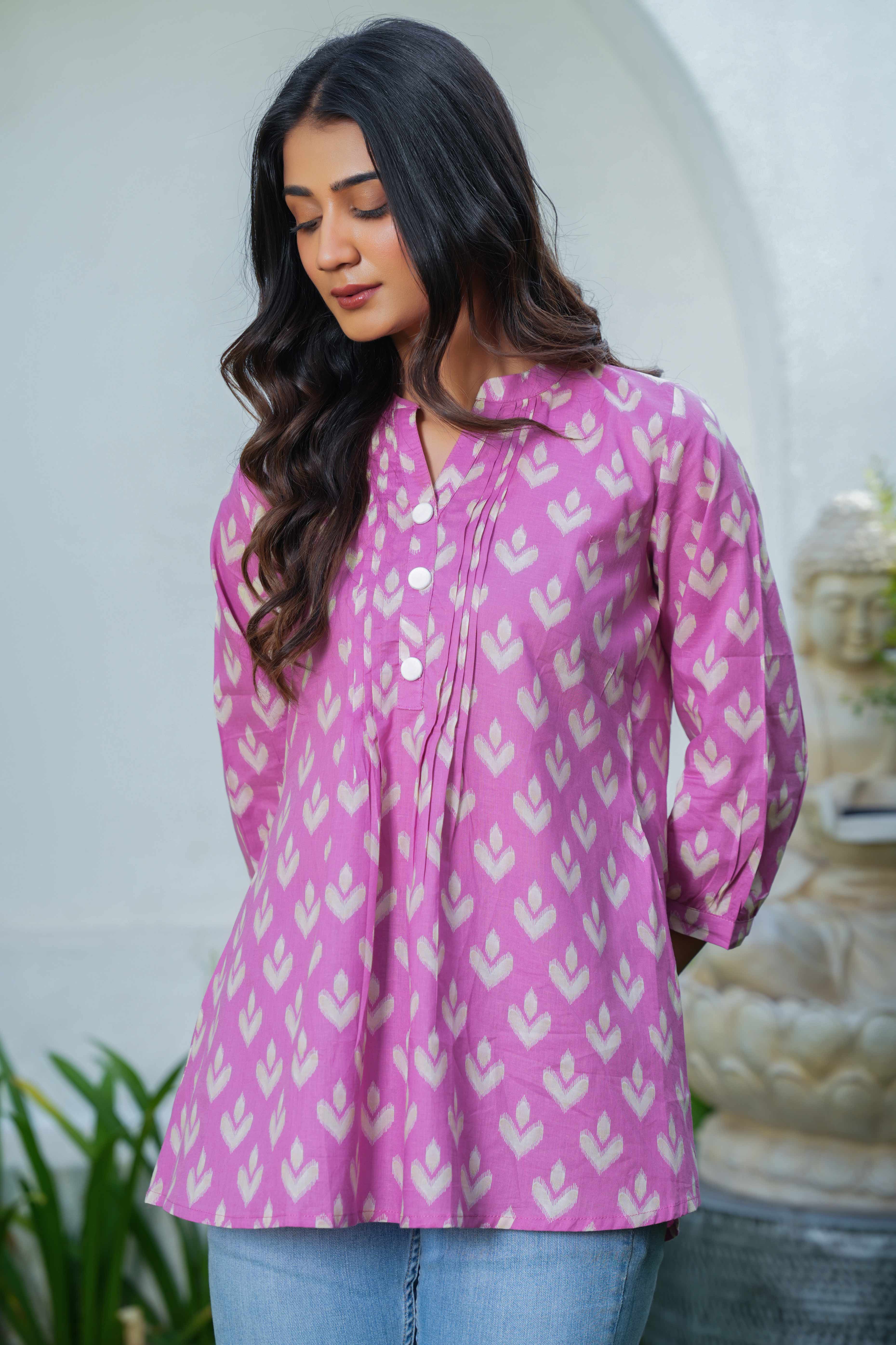 Pink Ikkat Printed Pure Cotton A-Line Tunic for Everyday Wear