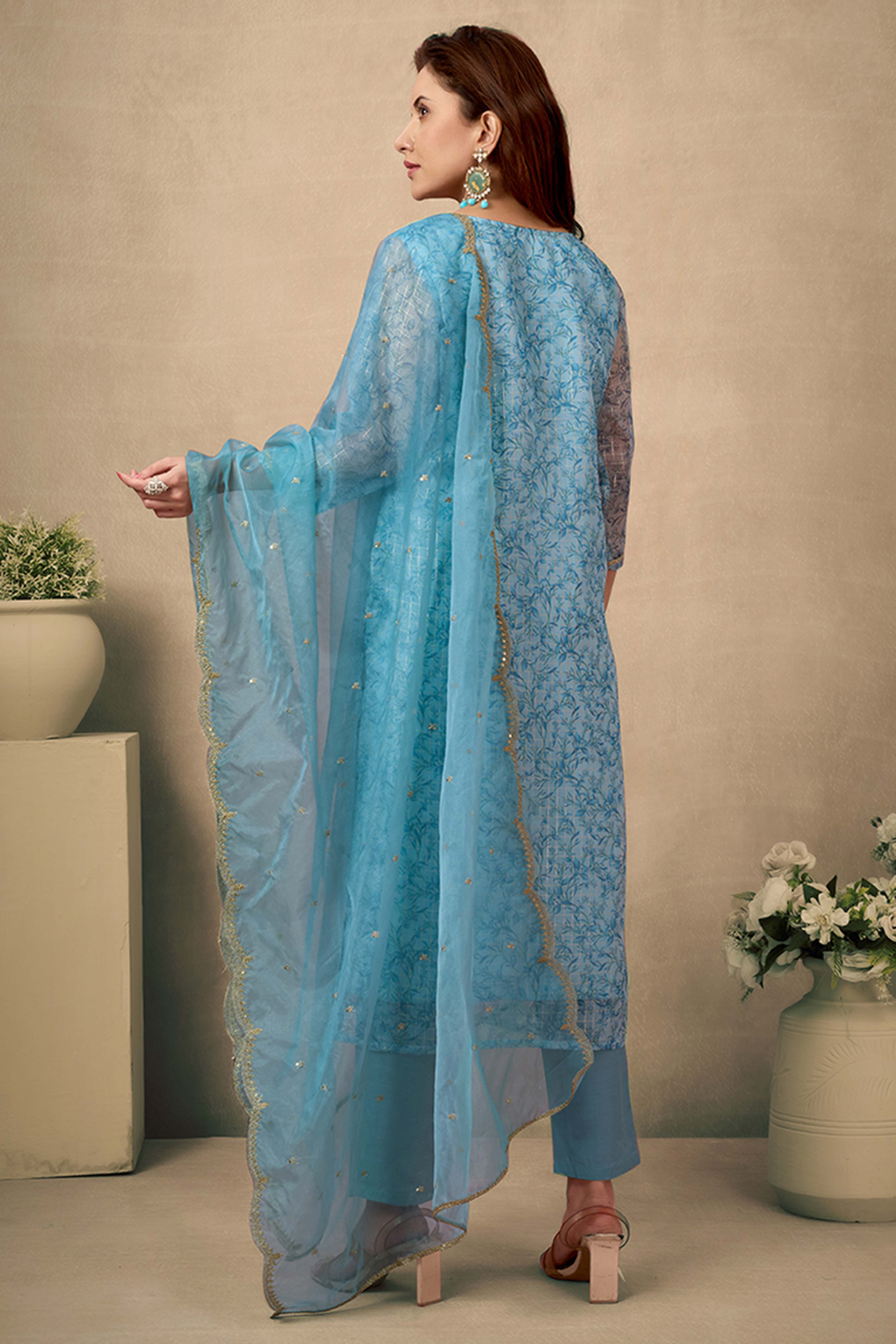 Light Sky Blue Floral Print With Zari Weaving Work Organza Straight Salwar Suit
