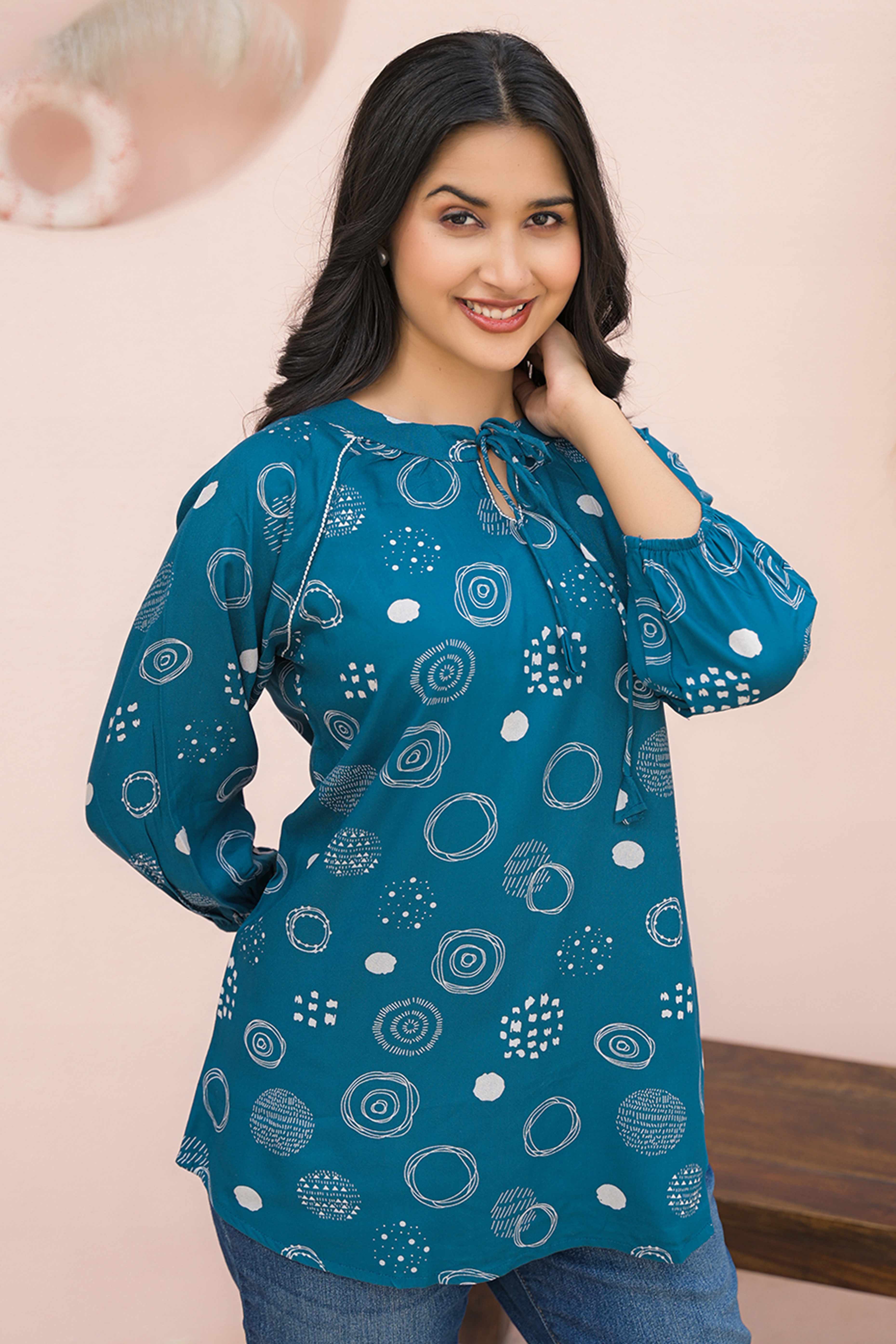 Trendy Blue Straight-Cut Rayon Top with All-Over Print