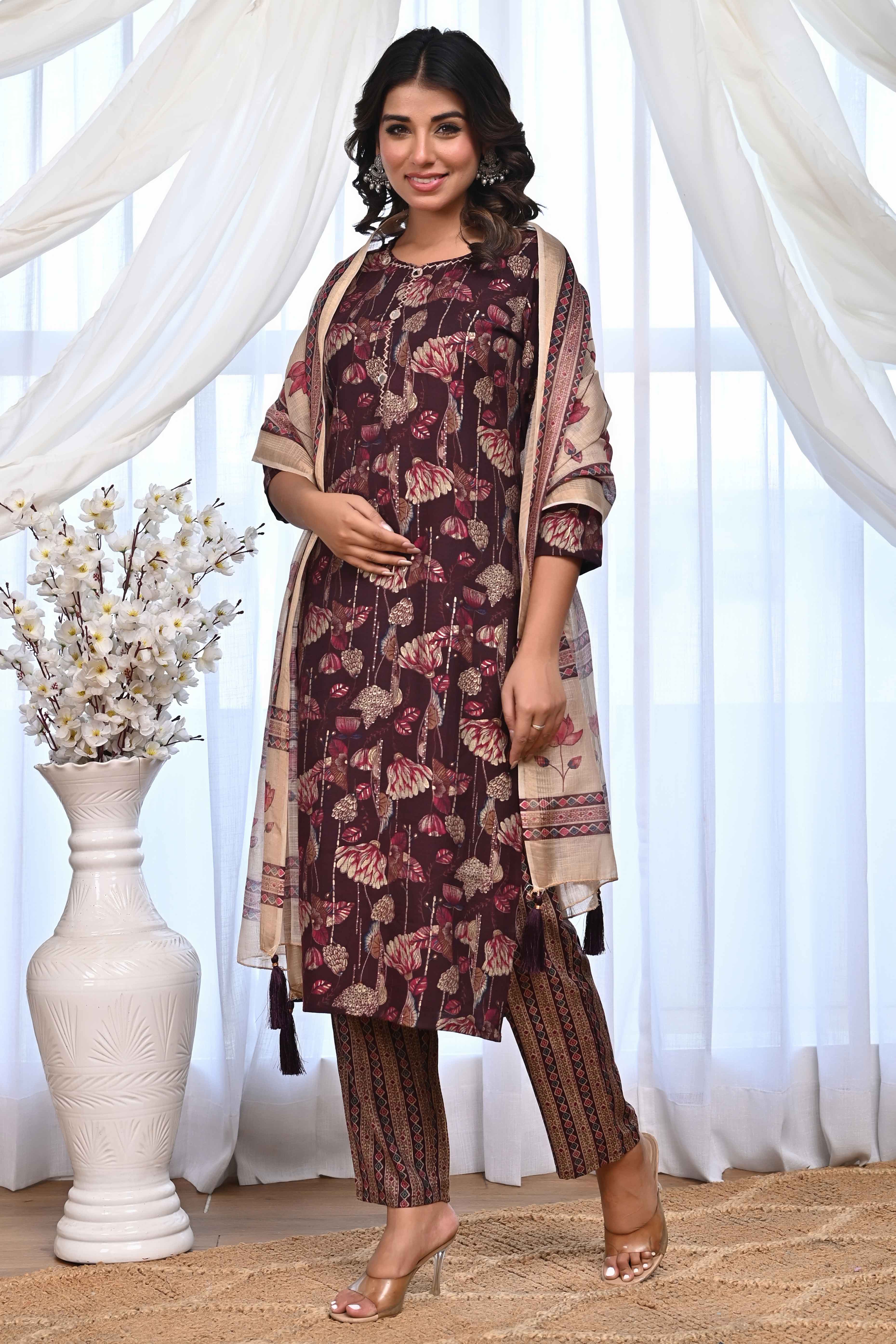 Elegant Wine Rayon Salwar Suit With Floral Prints & Mirror Thread Embellishments