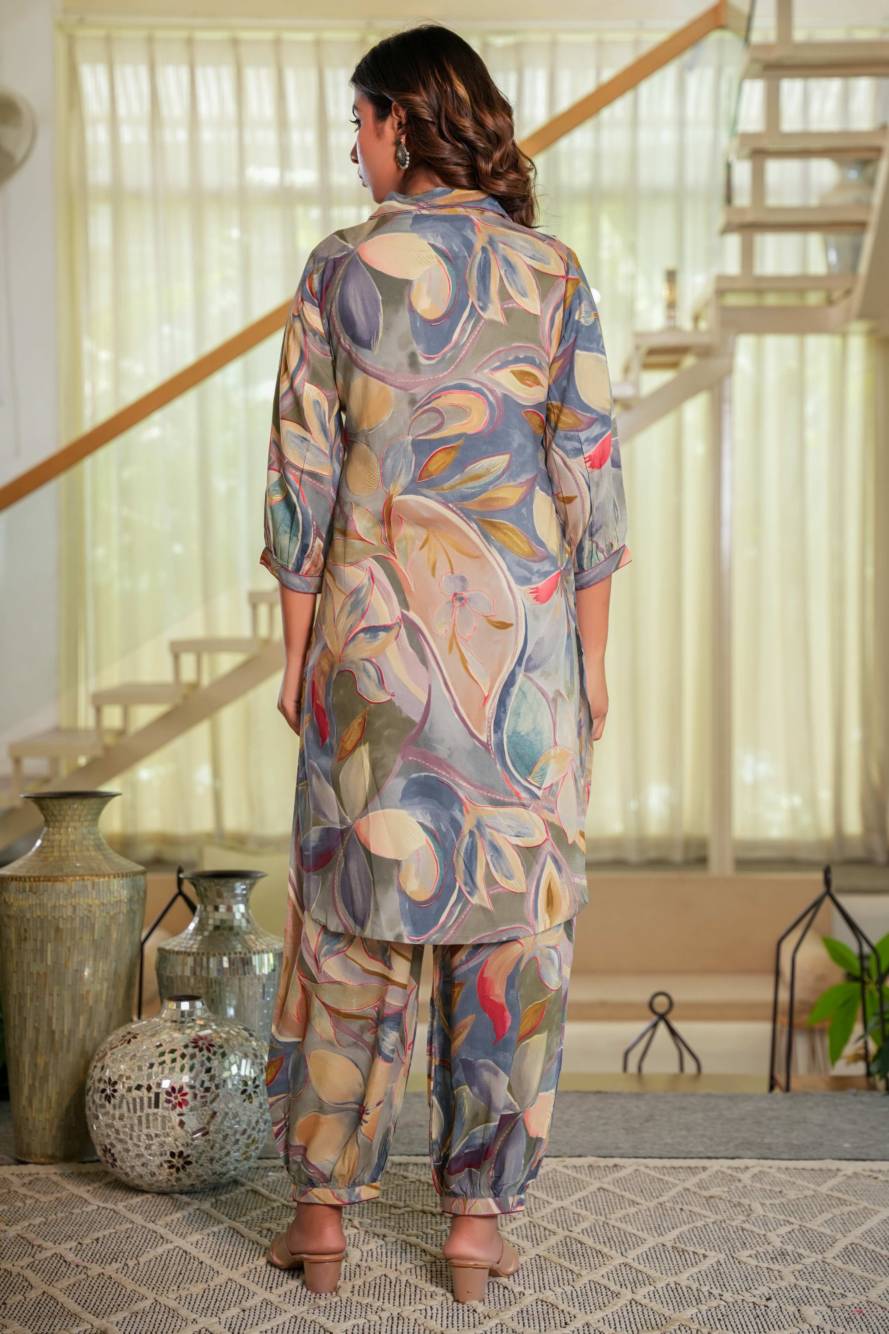 Floral Printed Grey Co-Ord Set in Soft Rayon Fabric with Shirt Neck Detailing