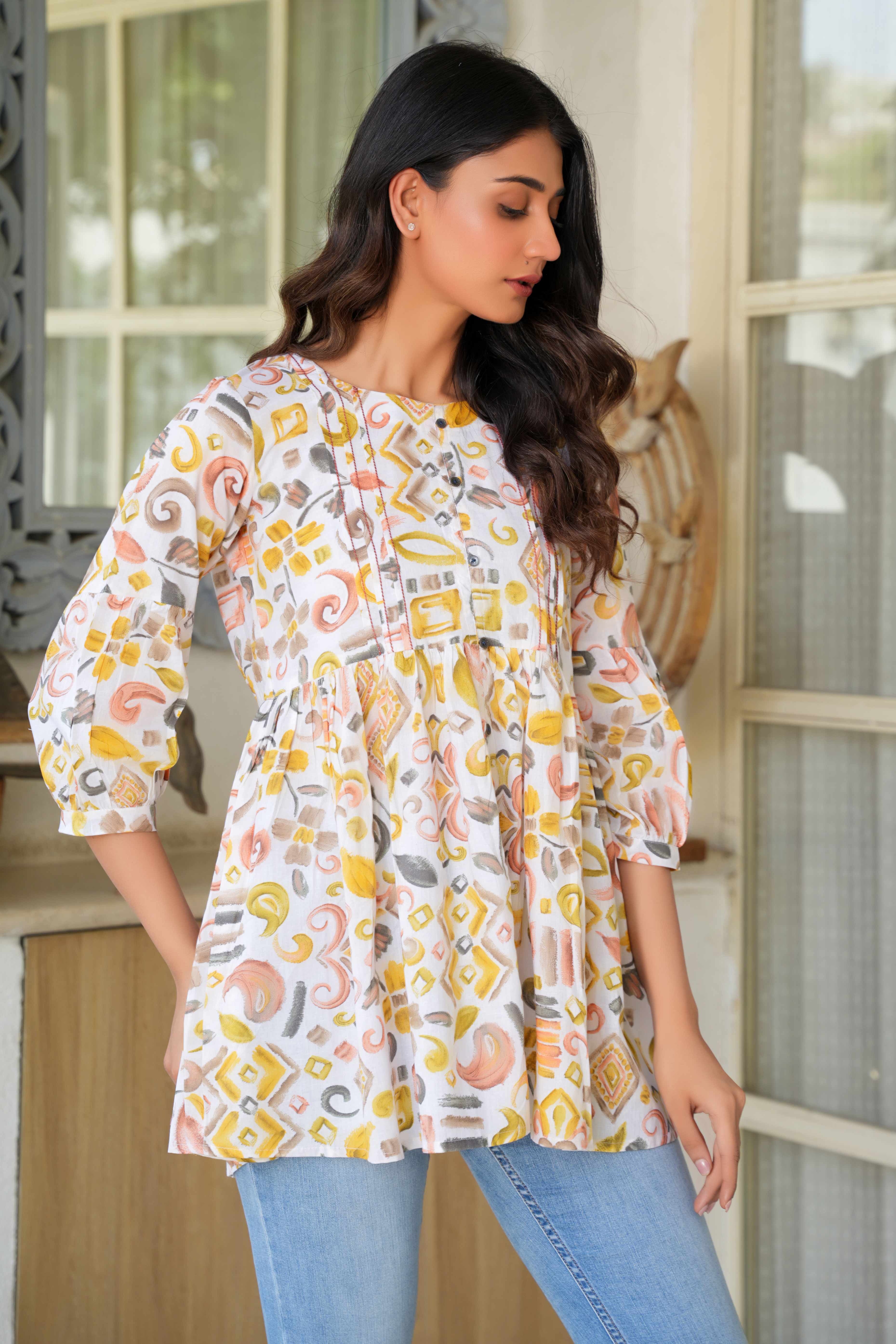 Pure Cotton A-Line Top in White & Mustard with Modern Abstract Prints