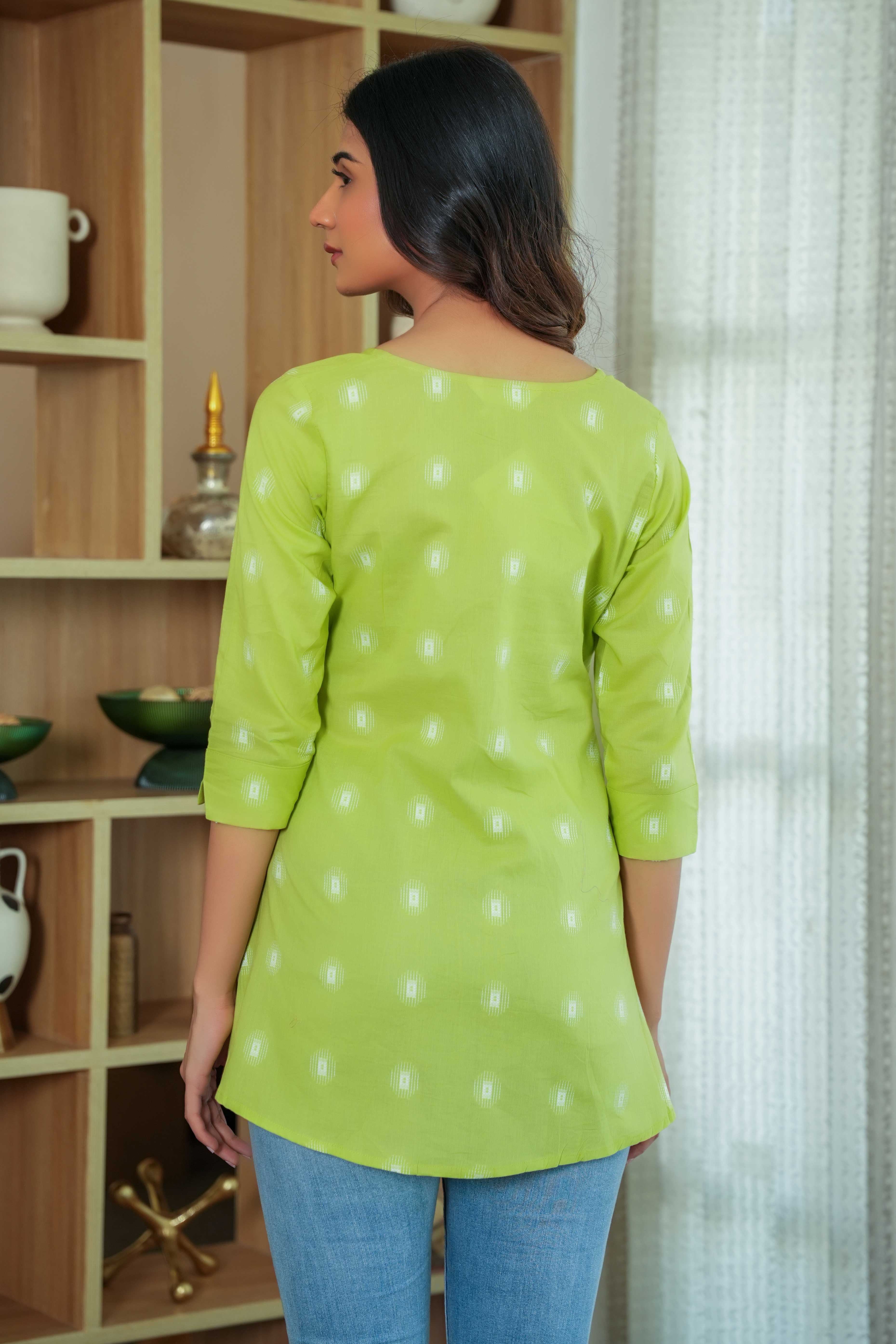 Parrot Green Short Cotton Top with Structured Geometric Weaves