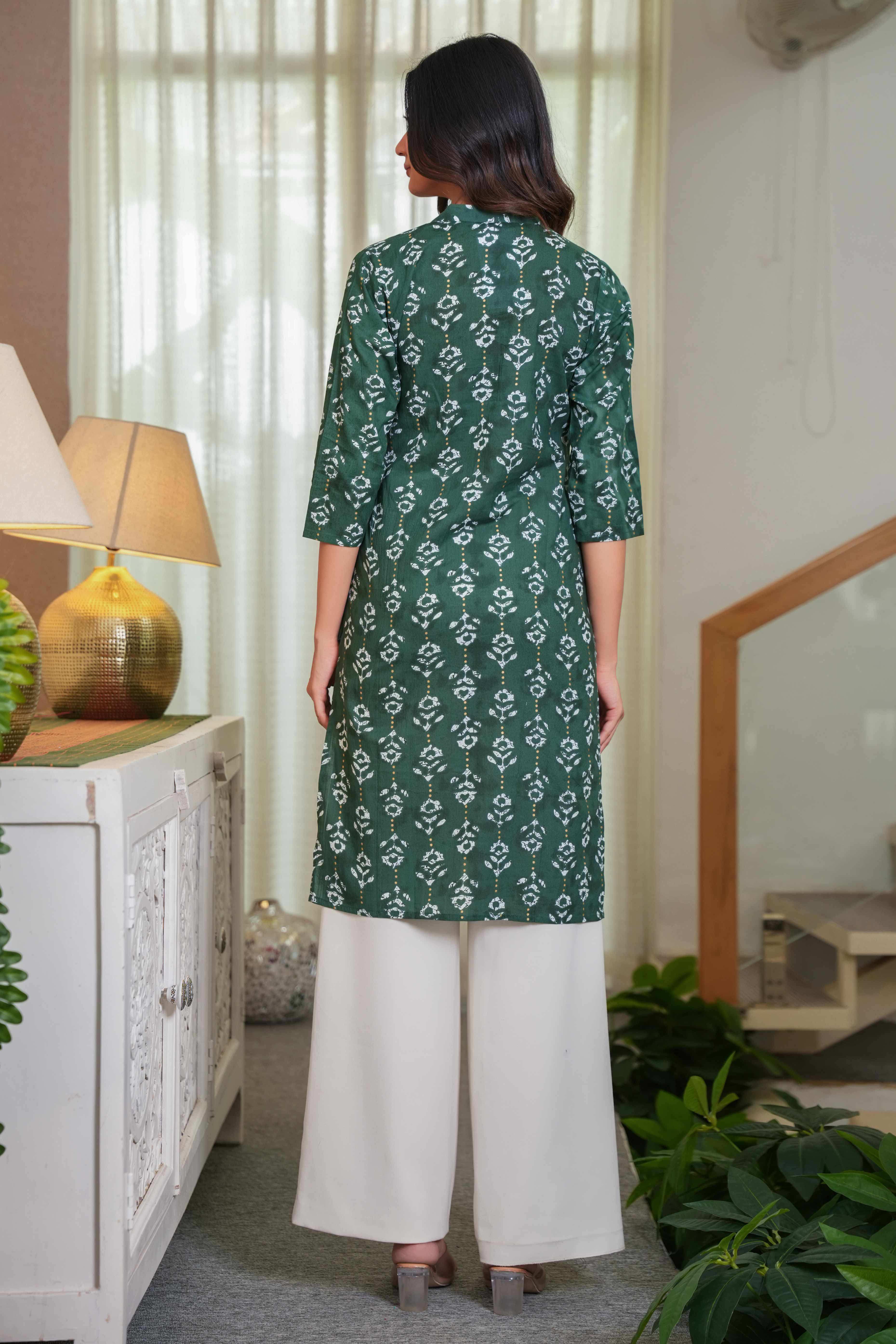 Dark Green Floral Block Printed Pure Cotton Straight Kurti for Elegant Comfort