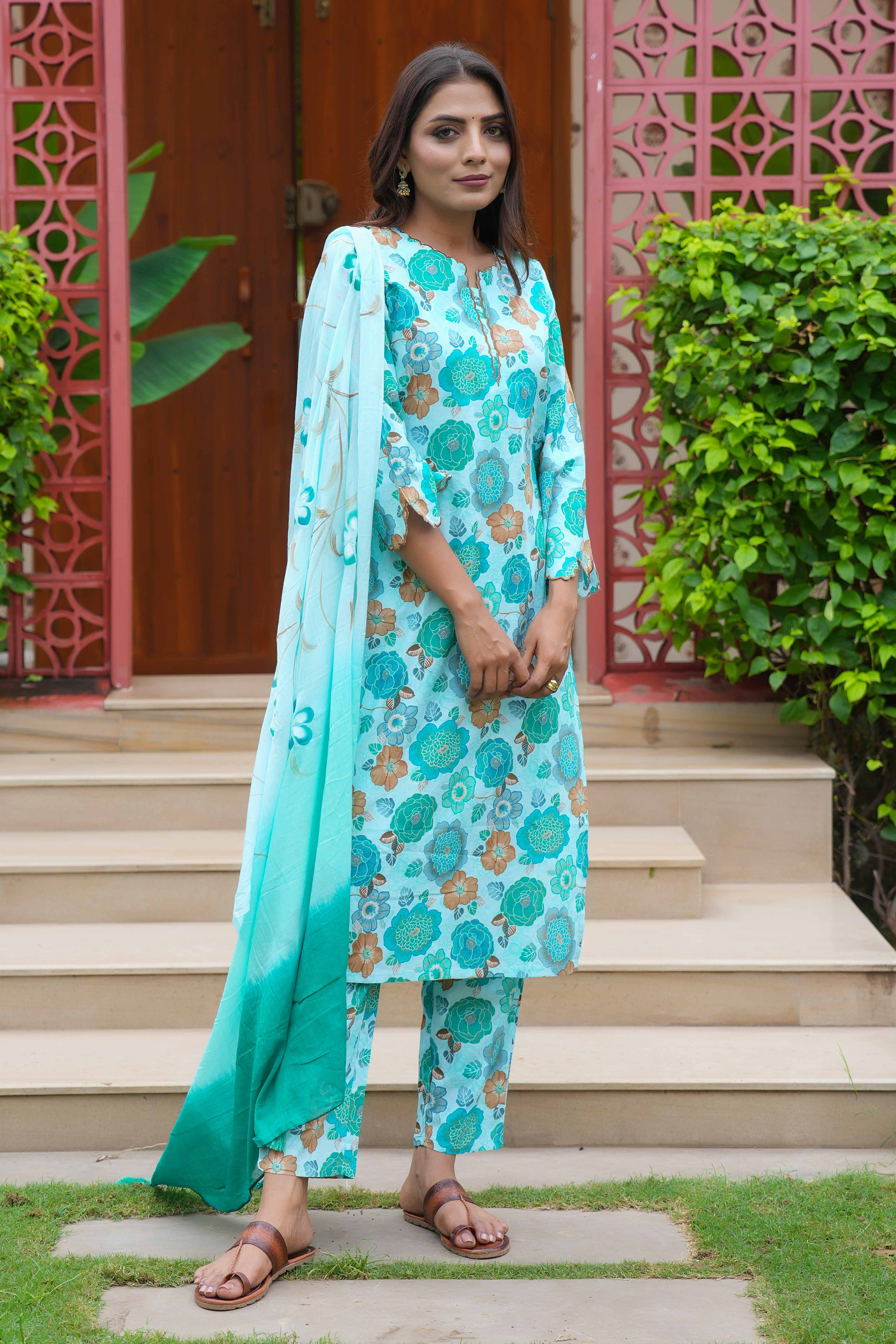 Turquoise Cotton Salwar Suit With Floral Print & Straight Fit