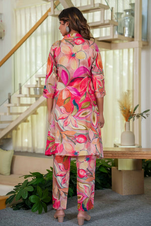 Sophisticated Red Floral Printed Straight Co-Ord Set In Rayon