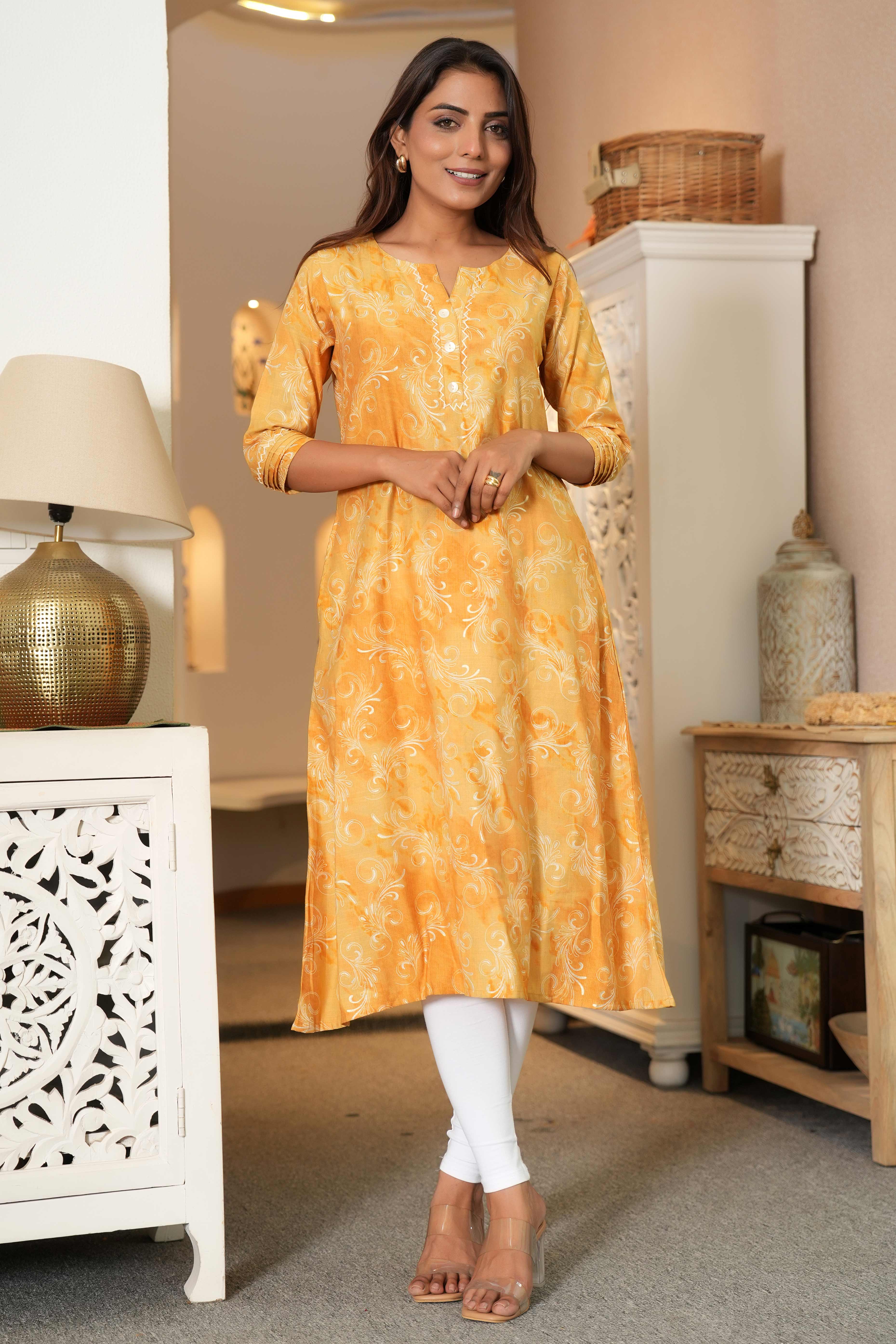 Floral Printed Mustard Capsule Rayon Kurti in Straight Fit