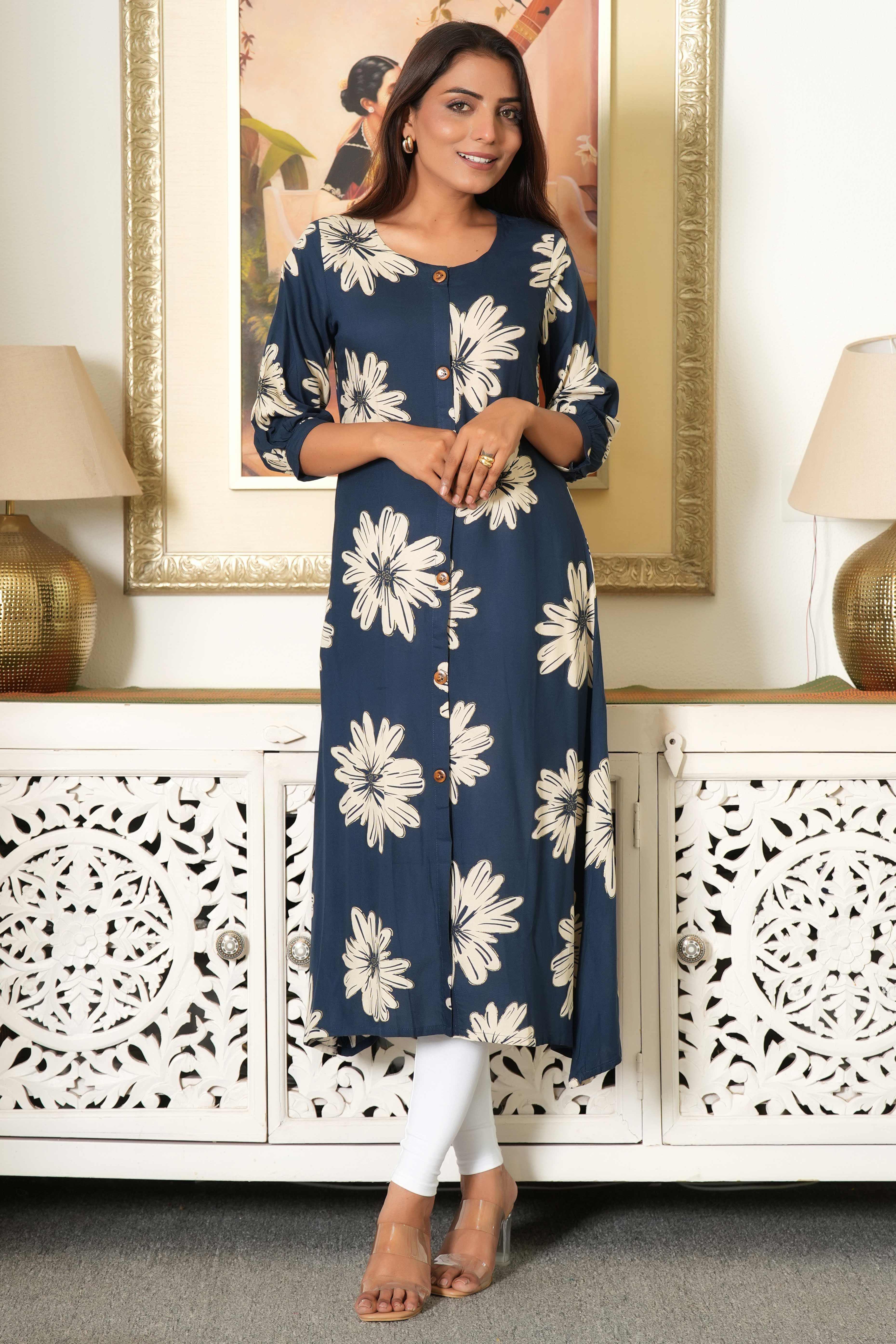 Navy Blue Printed Rayon Kurti in Flattering A-Line Fit
