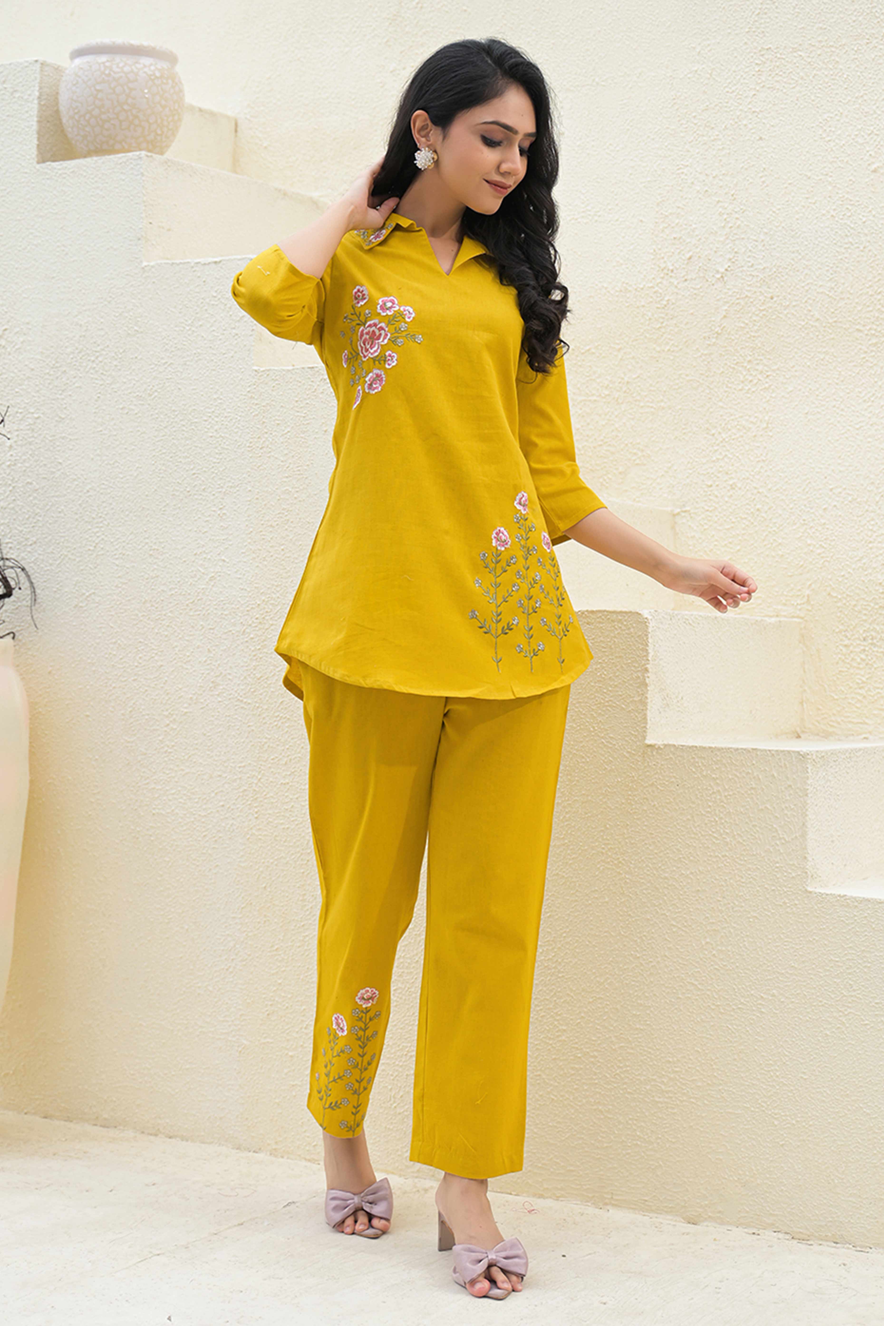 Chic Mustard Pure Cotton Co-Ord Set with Collar Neck and Delicate Floral Embroidery