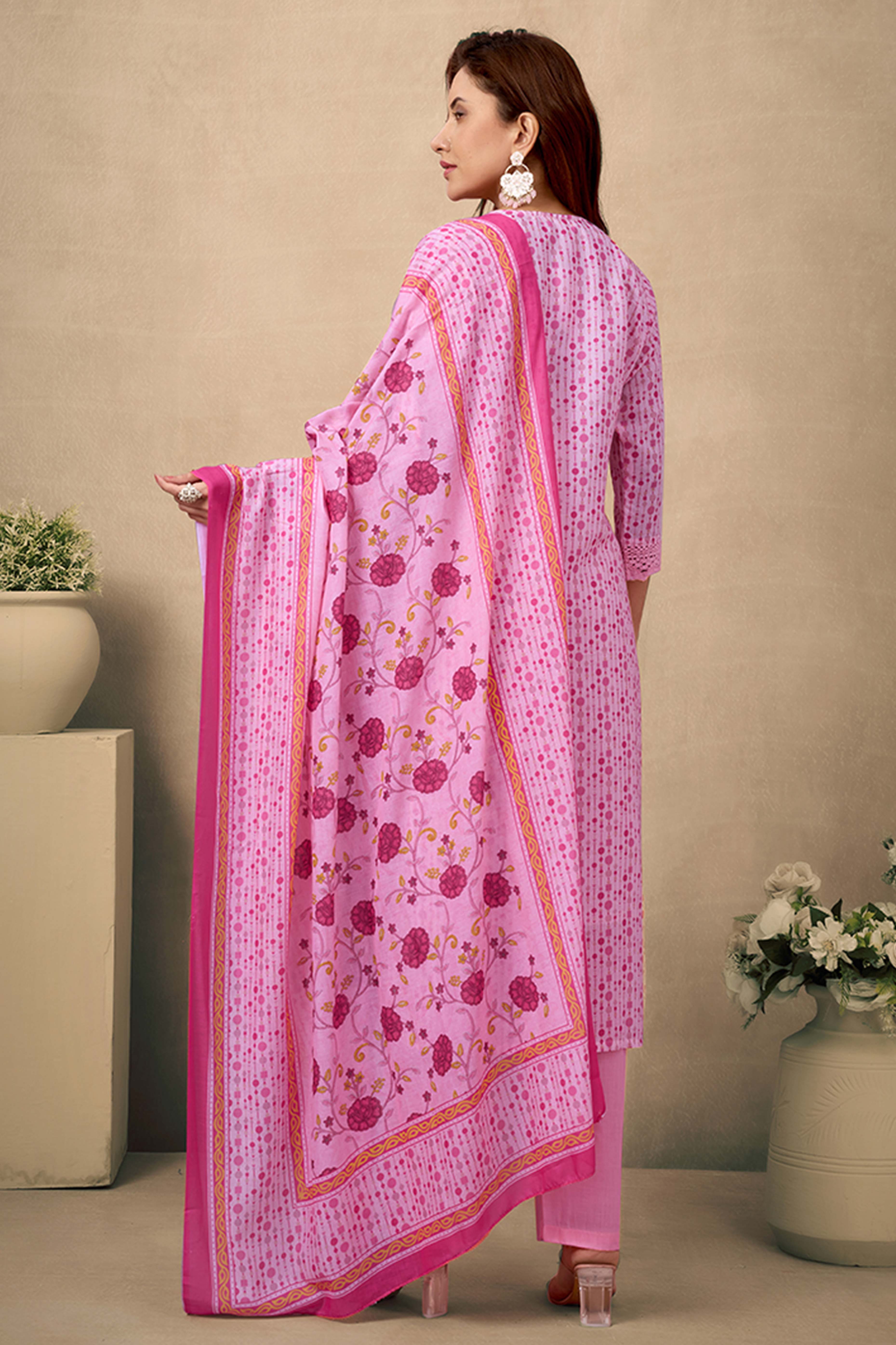 Pink Cotton Blend Straight Suit Featuring Feminine Floral Designs