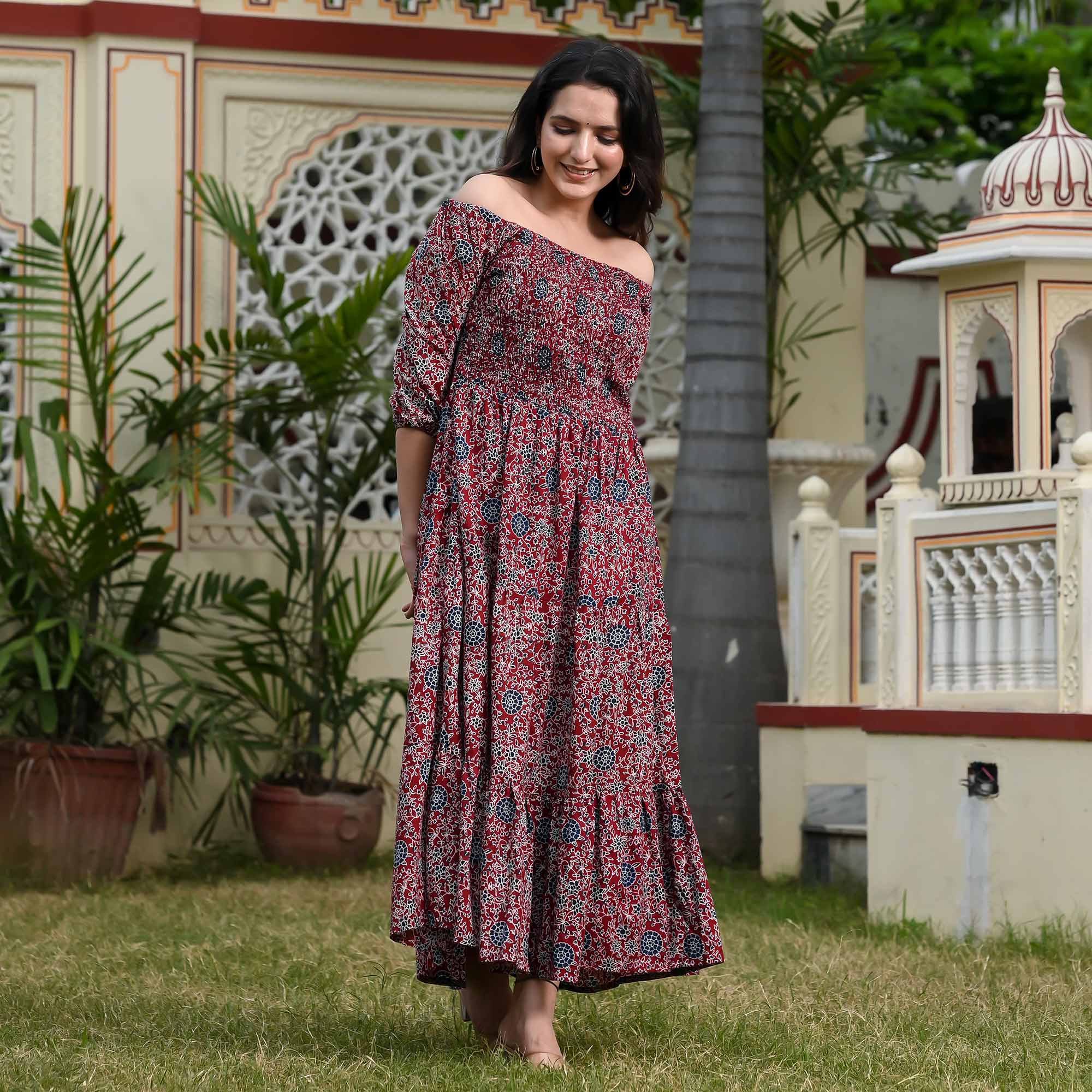 Red Floral Printed Pure Cotton Dress