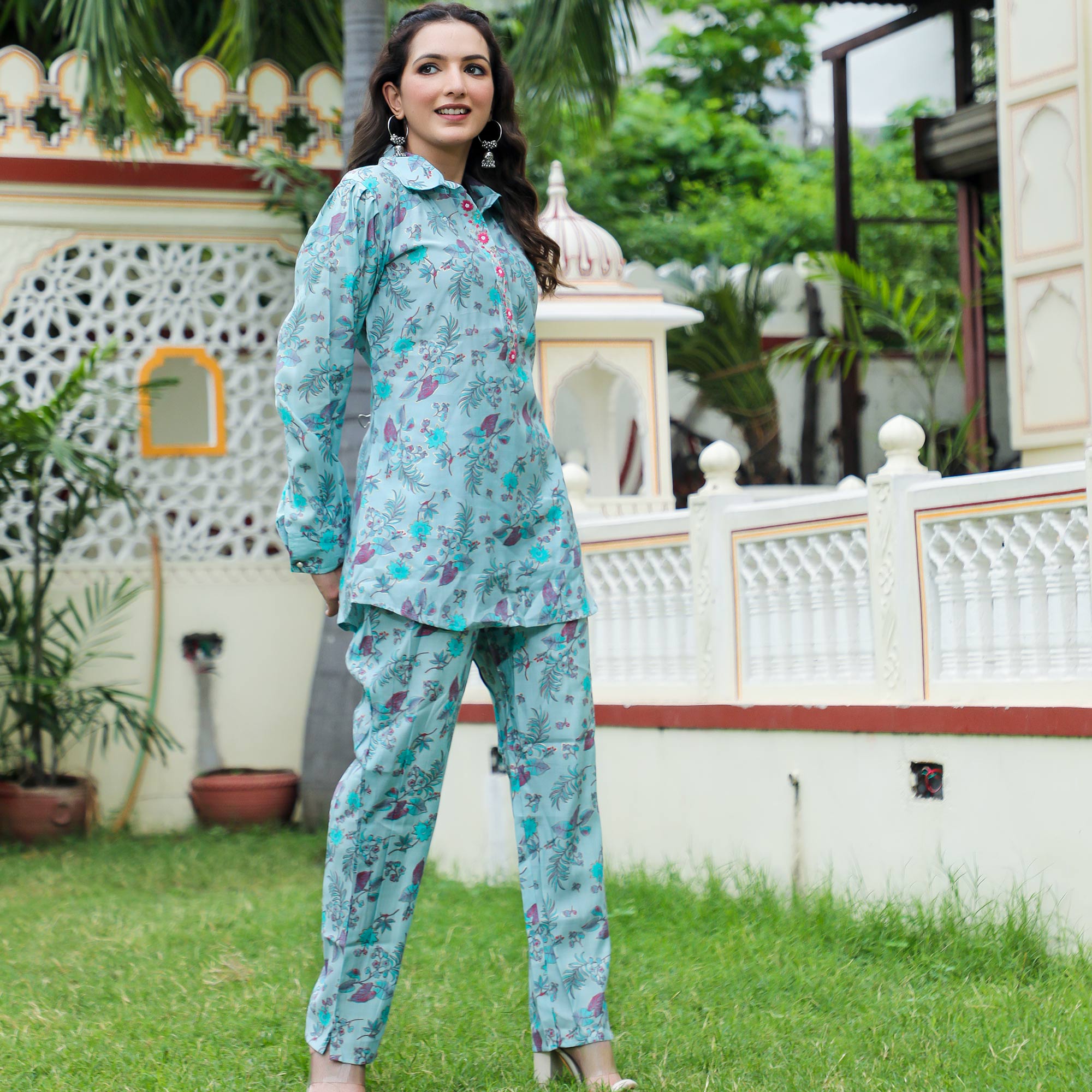 Blue Floral Printed Modal Co Ord Set