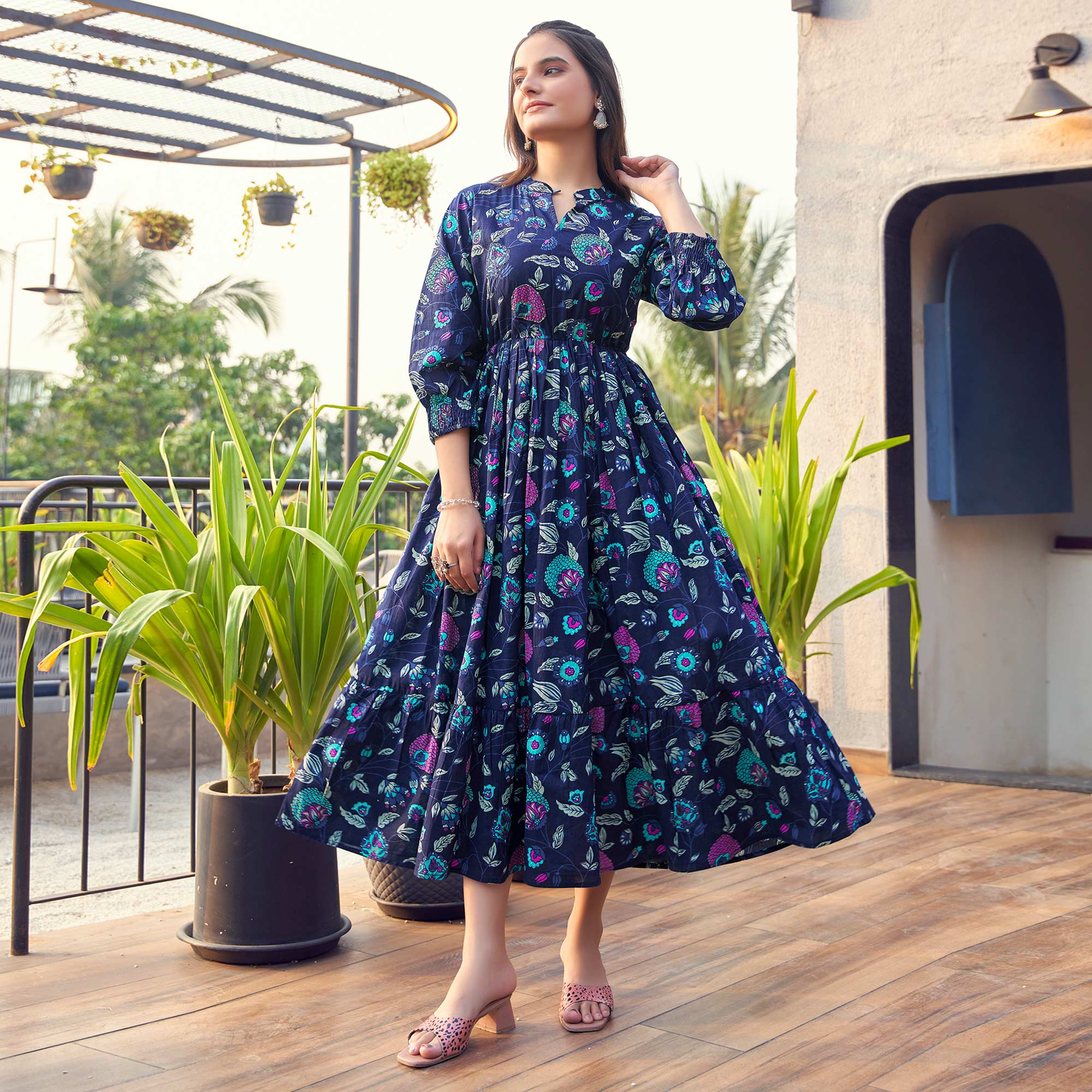 Navy Blue Floral Printed Pure Cotton Dress