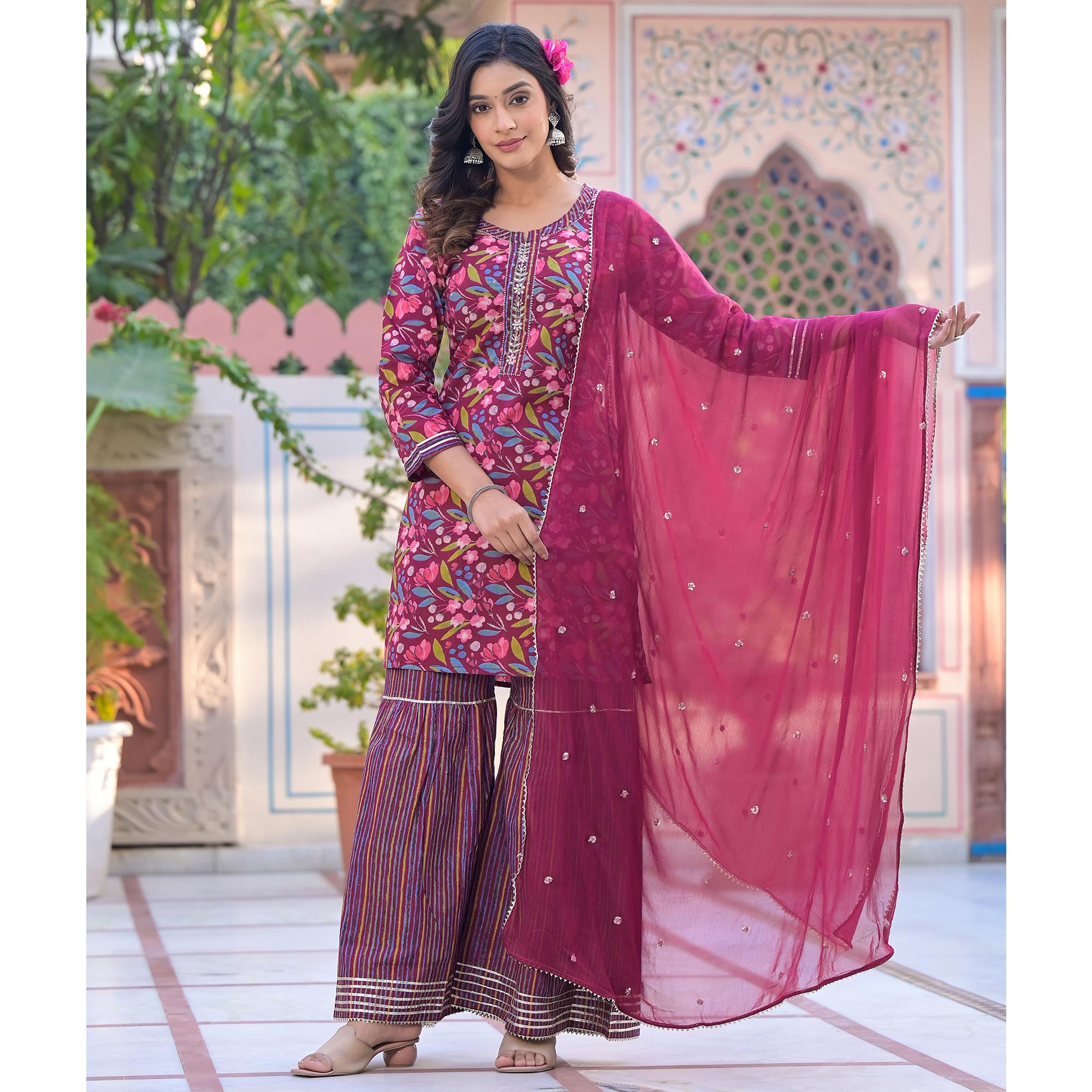 Wine Floral Printed Pure Cotton Sharara Suit