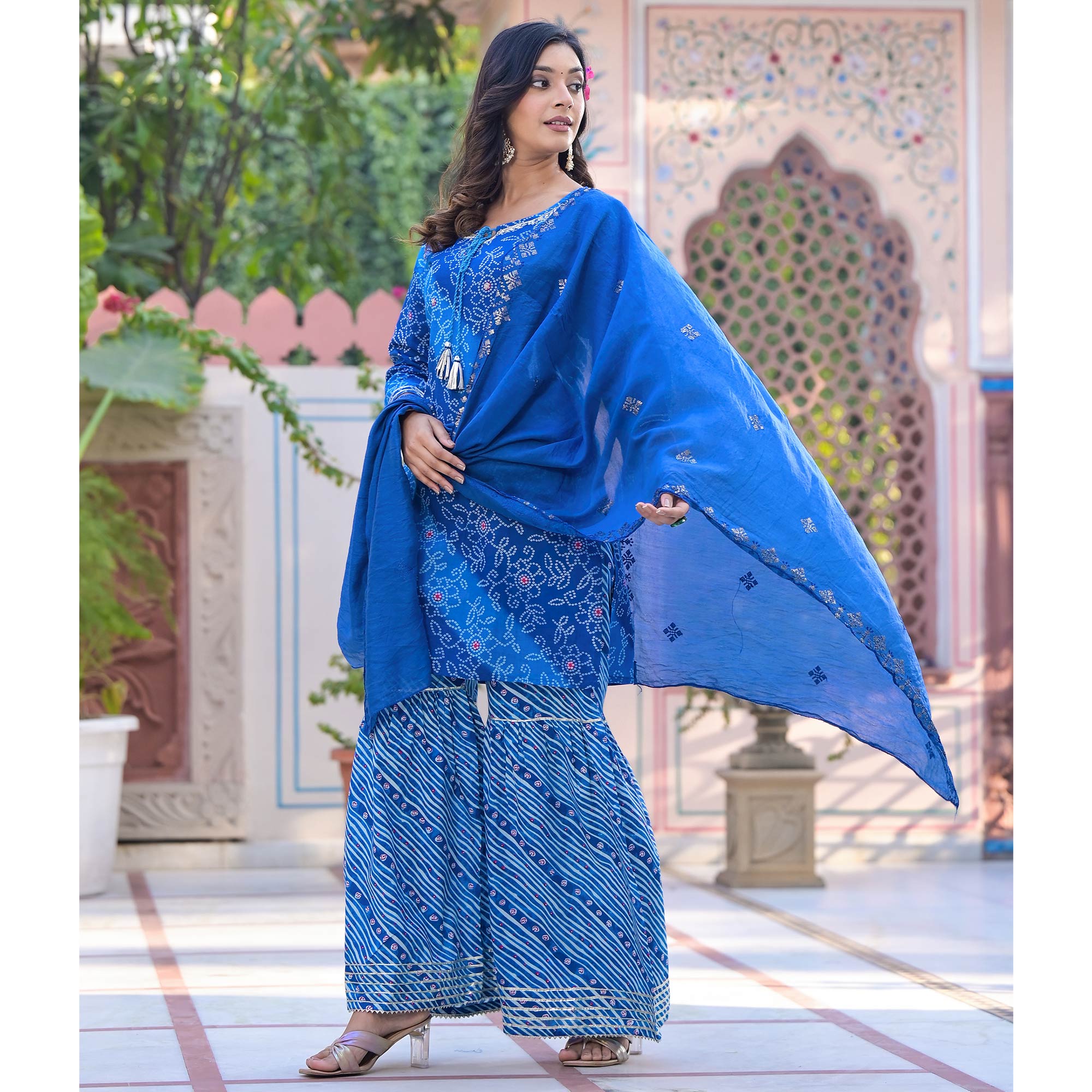 Blue Bandhani Printed Pure Cotton Sharara Suit
