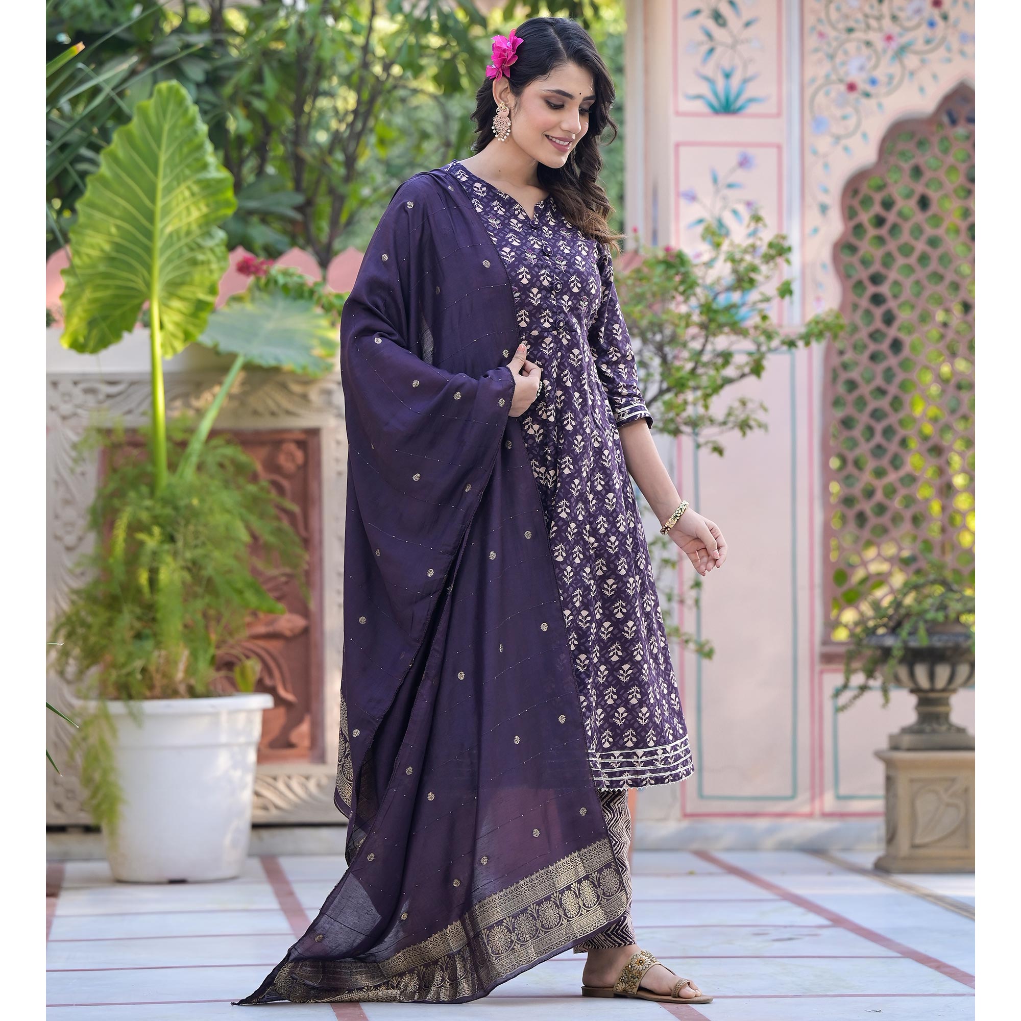 Purple Floral Printed Pure Cotton Anarkali Salwar Suit