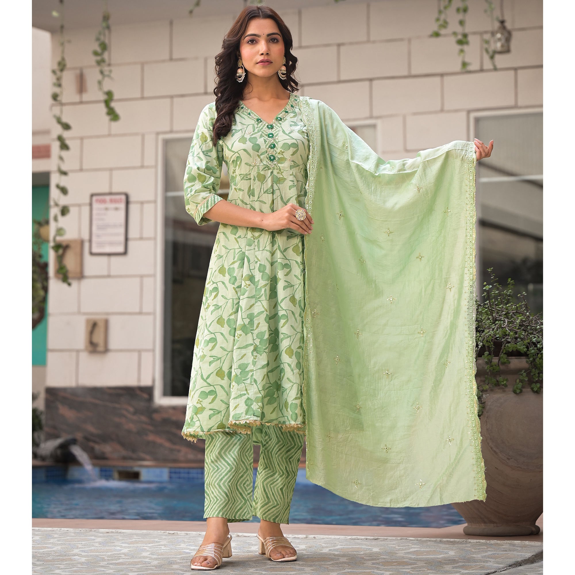Pista Green Printed Pure Cotton A-Line Salwar Suit