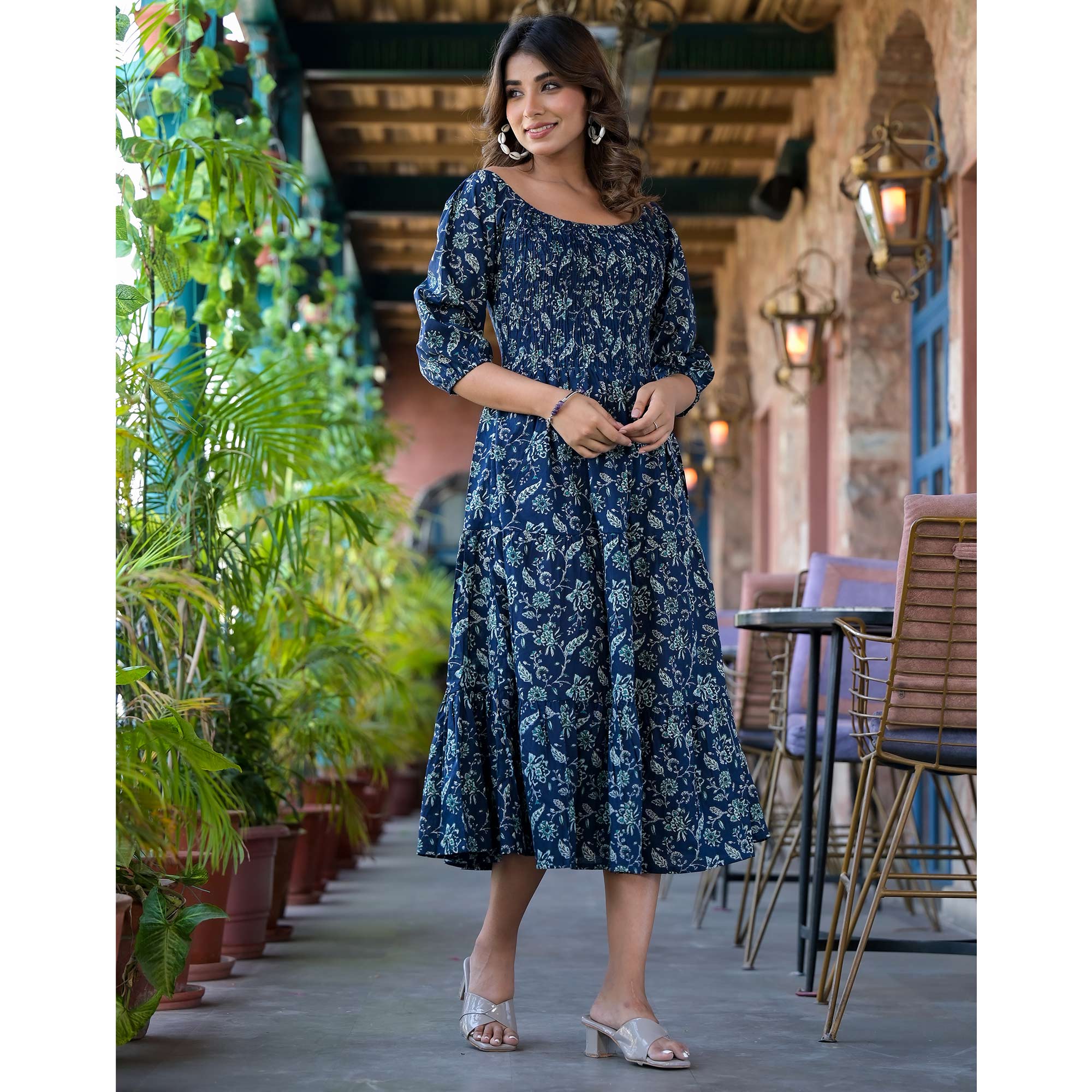 Navy Blue Floral Printed Pure Cotton Maxi Dress