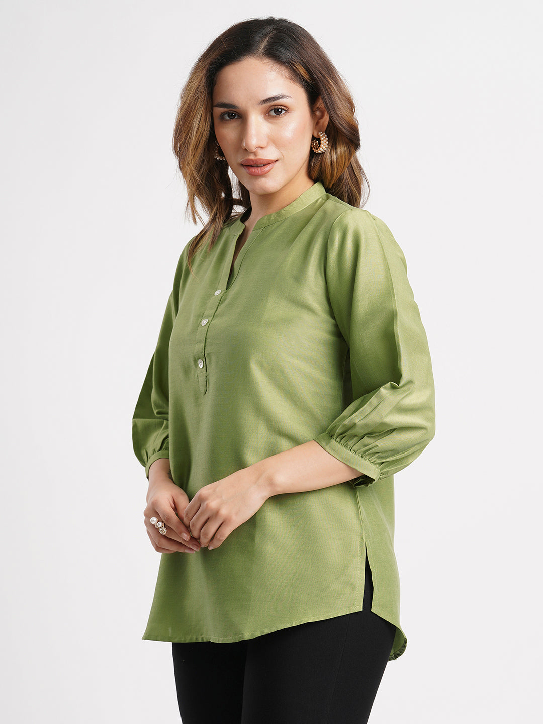 Green Solid Poly Chinon Straight Top