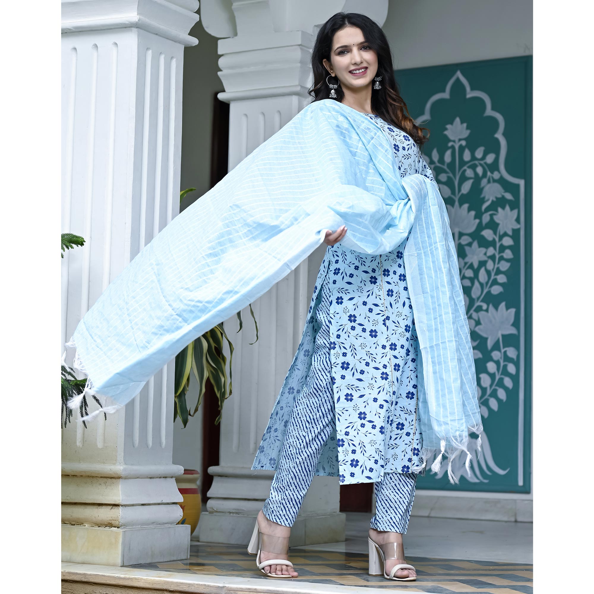 Light Blue Floral Printed Pure Cotton Suit