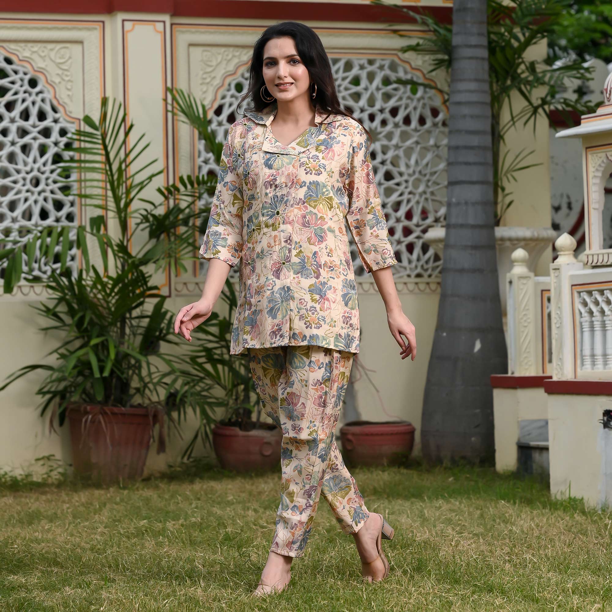 Cream Floral Printed Muslin Co Ord Set