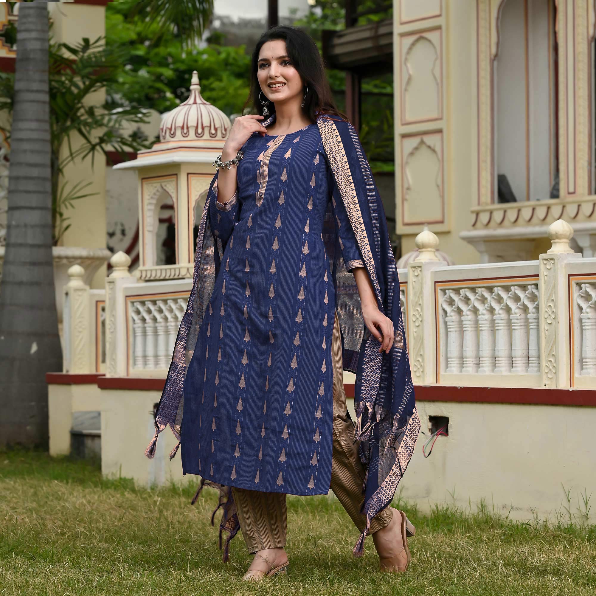 Navy Blue Woven Cotton Blend Salwar Suit