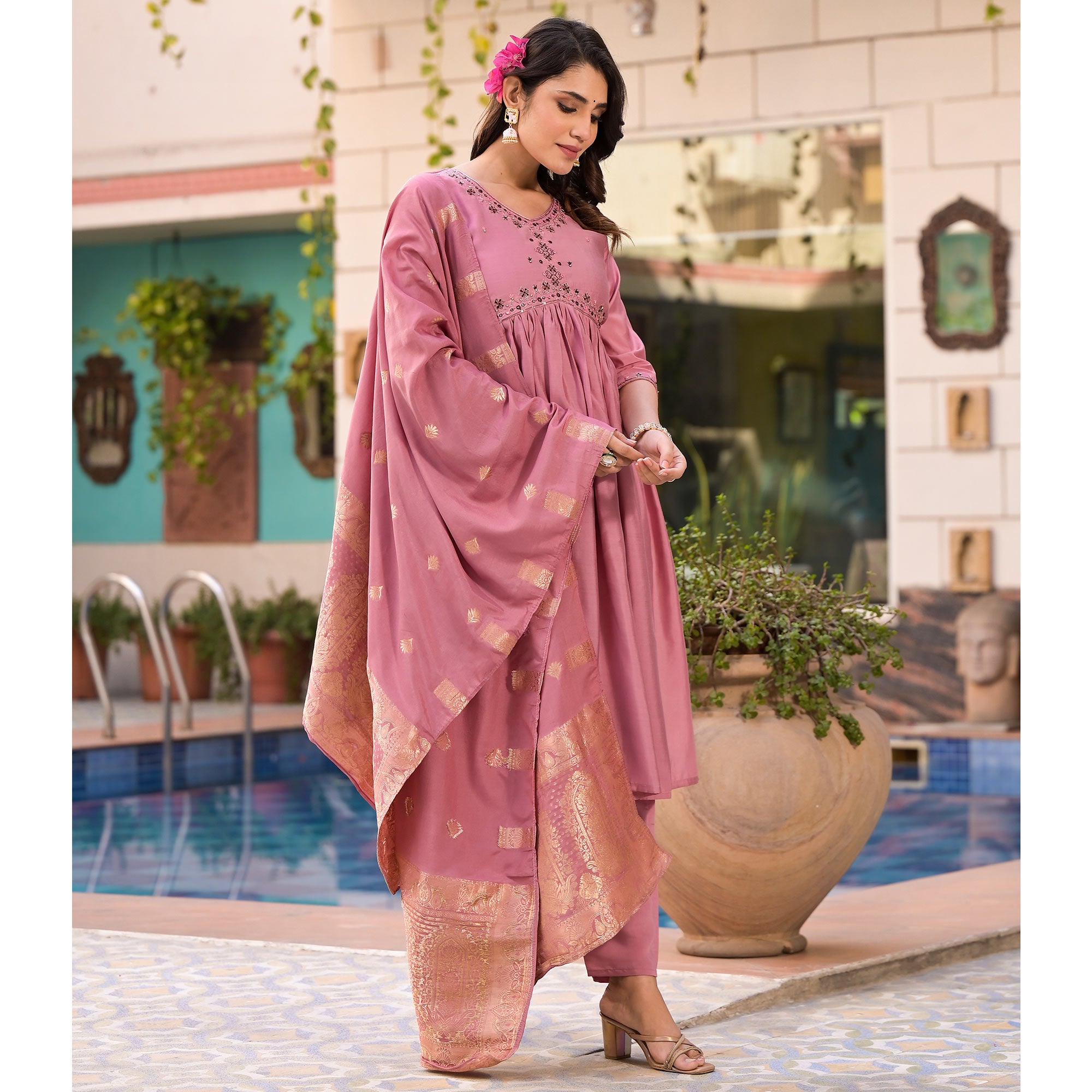 Pink Embroidered Viscose Salwar Suit